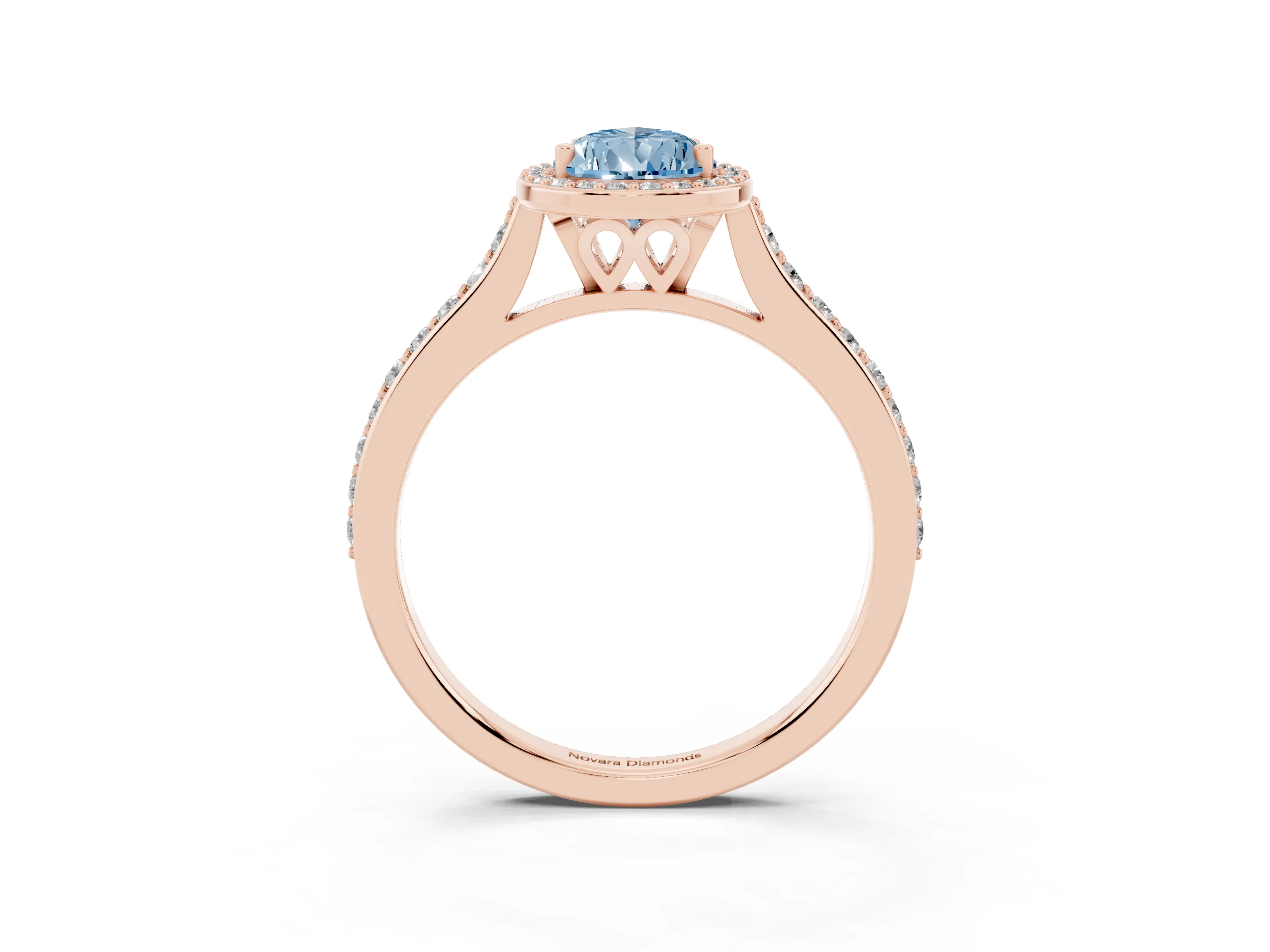 Fancy Blue Pear Cut Diamond Halo Engagement Ring Set in Rose gold with Round Pavé Shoulders and Heart Gallery