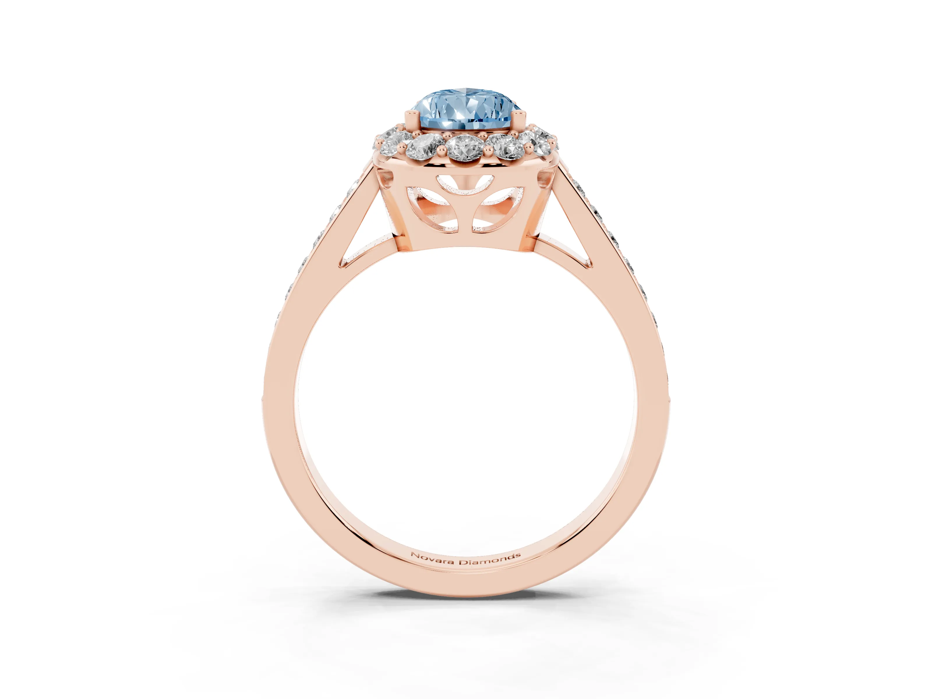 Fancy Blue Pear Cut Diamond Floral Halo Ring Set in Rose gold with Pavé Band and Prong Setting