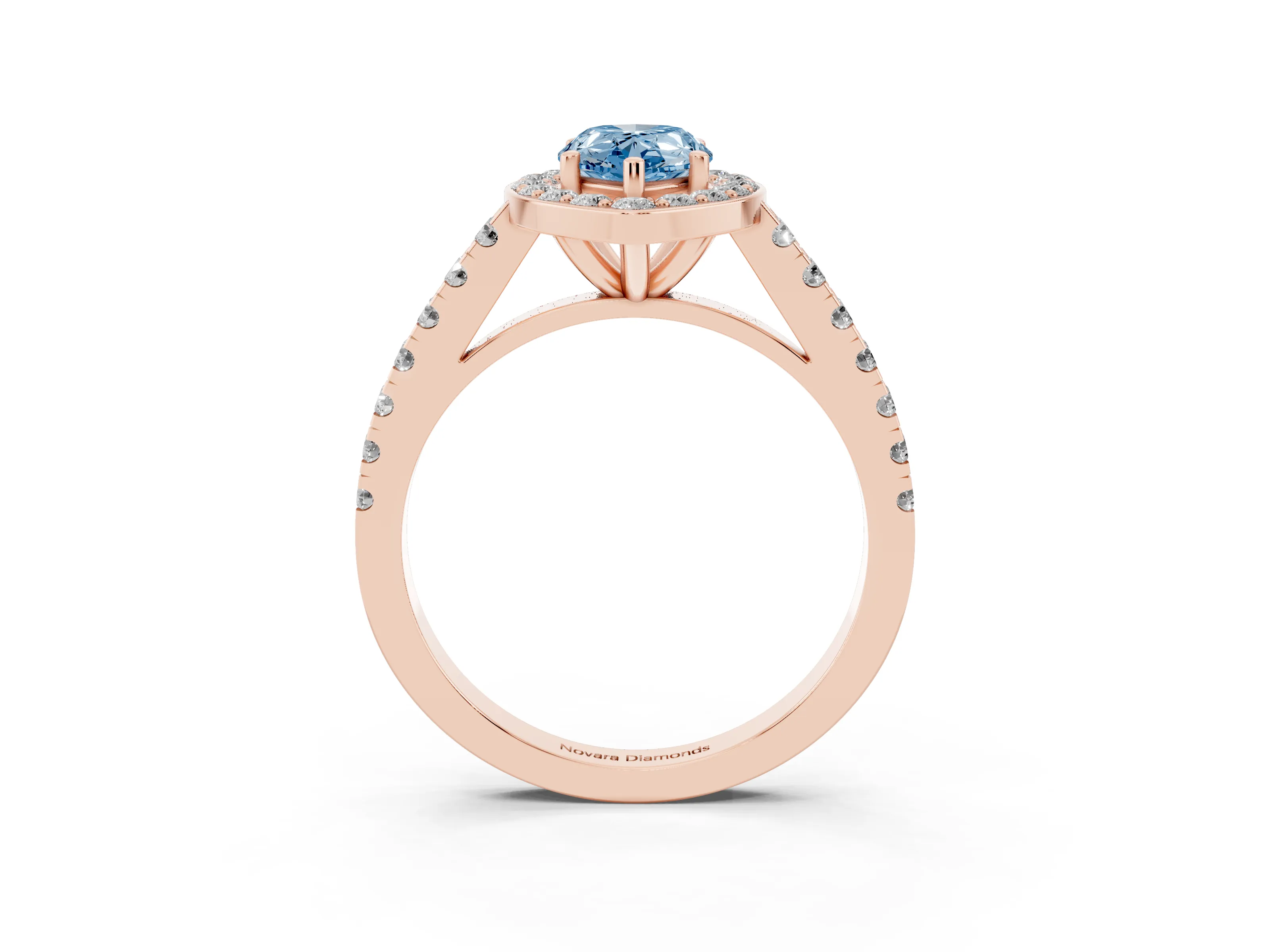 Fancy Blue Pear Cut Diamond Halo Ring Set in Rose gold with Round Pavé Split Shank and Prong Setting