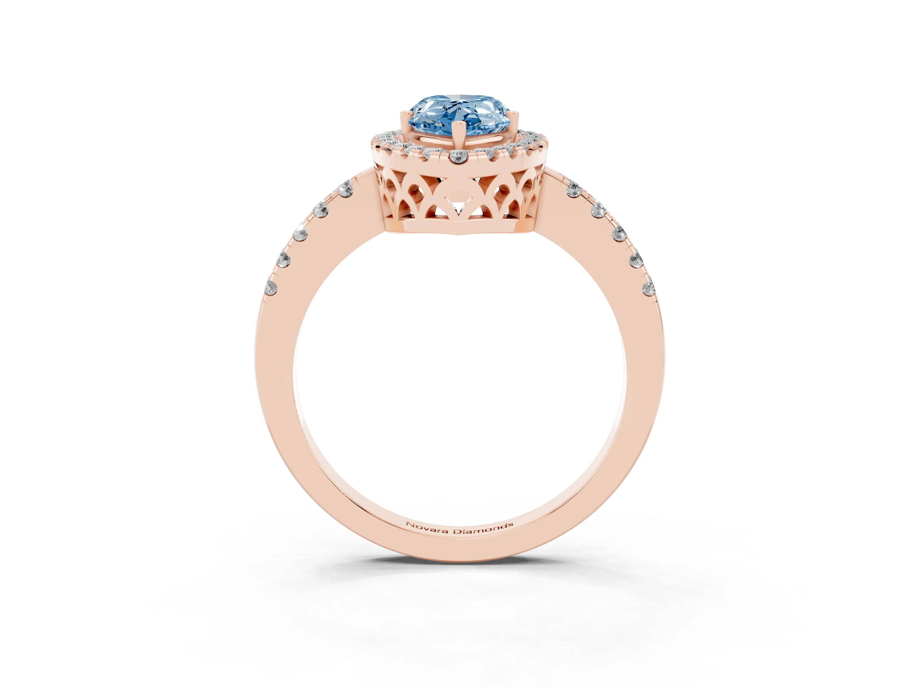Fancy Blue Pear Cut Diamond Pavé Band Halo Engagement Ring Set in Rose gold with Prong Setting