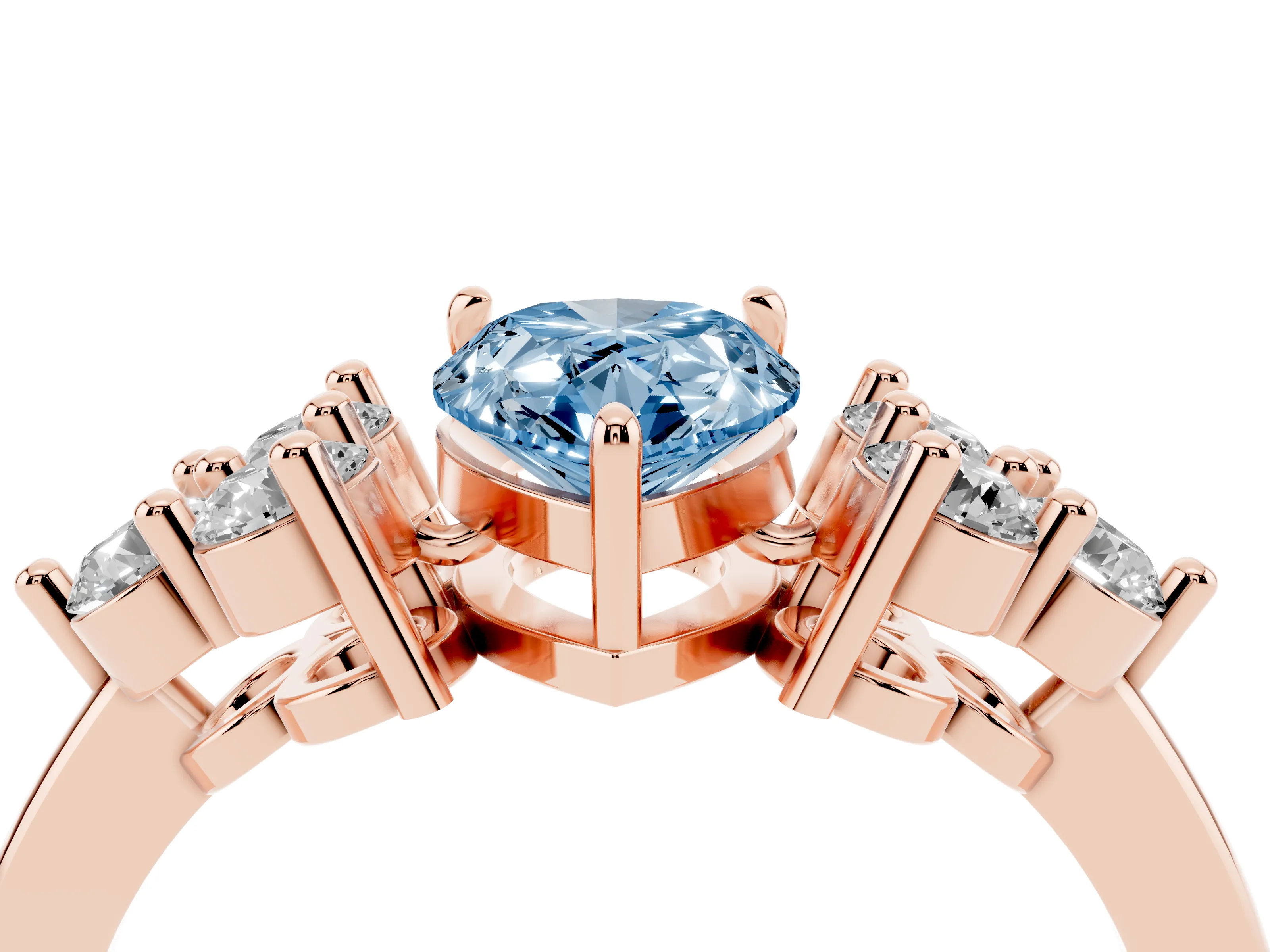 Fancy Blue Pear Cut Diamond Solitaire Ring Set in Rose gold with Cluster Accents on Each Side