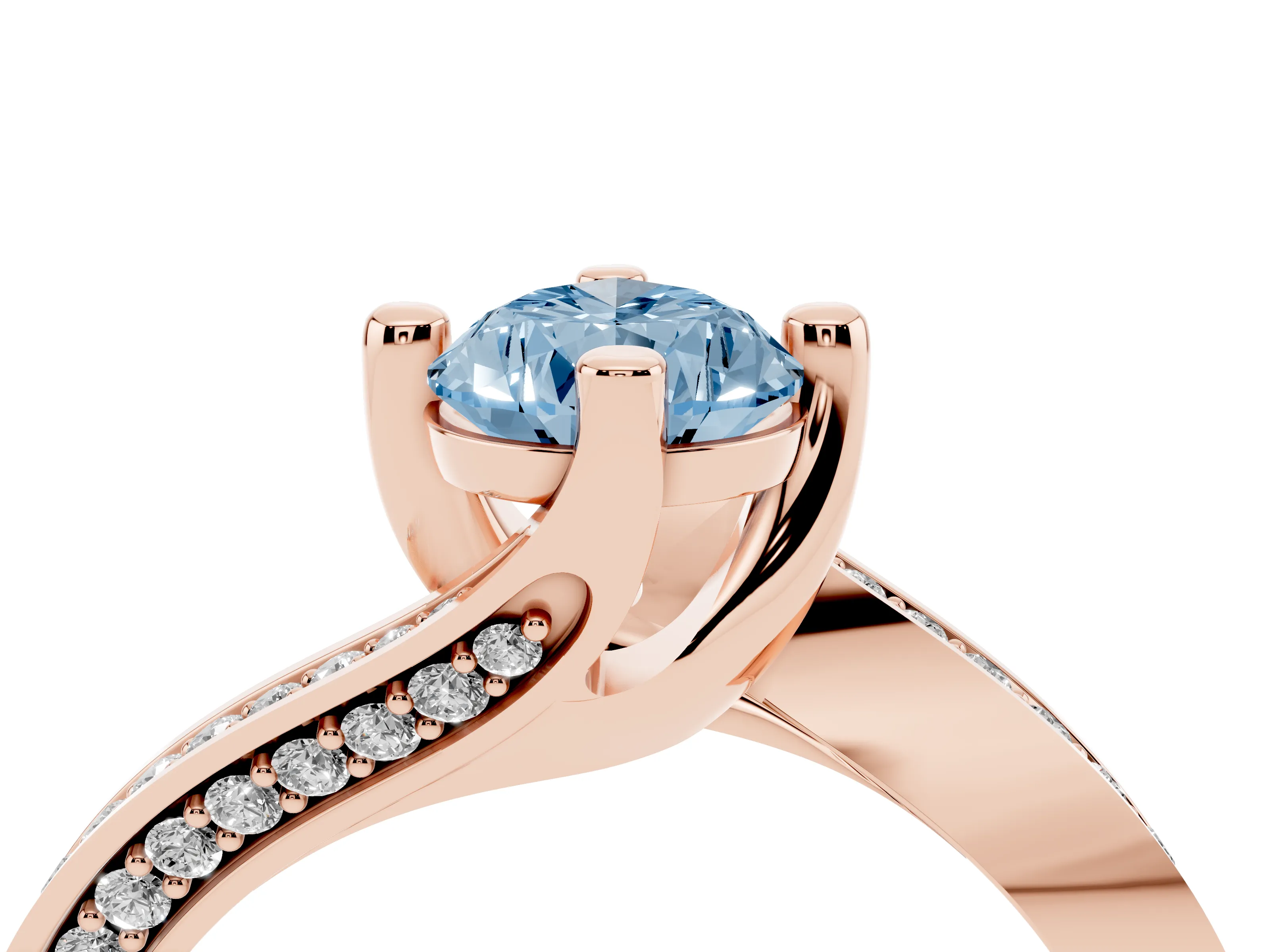 Fancy Blue Pear Cut Diamond Solitaire Ring Set in Rose gold with Intertwined Pavé Twist Band