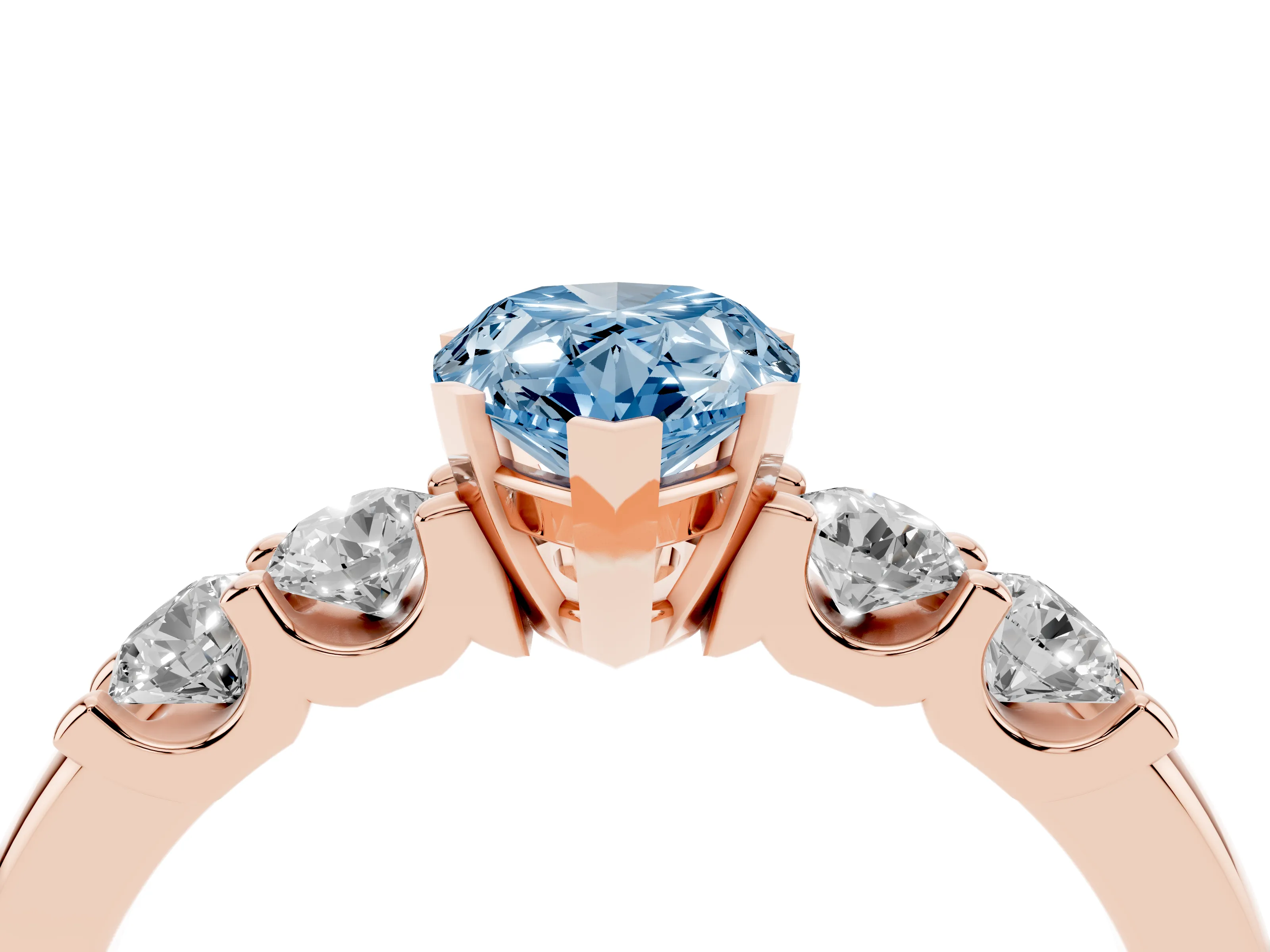 Fancy Blue Pear Cut Diamond Five-Stone Prong Set Engagement Ring Set in Rose gold with Channel Band