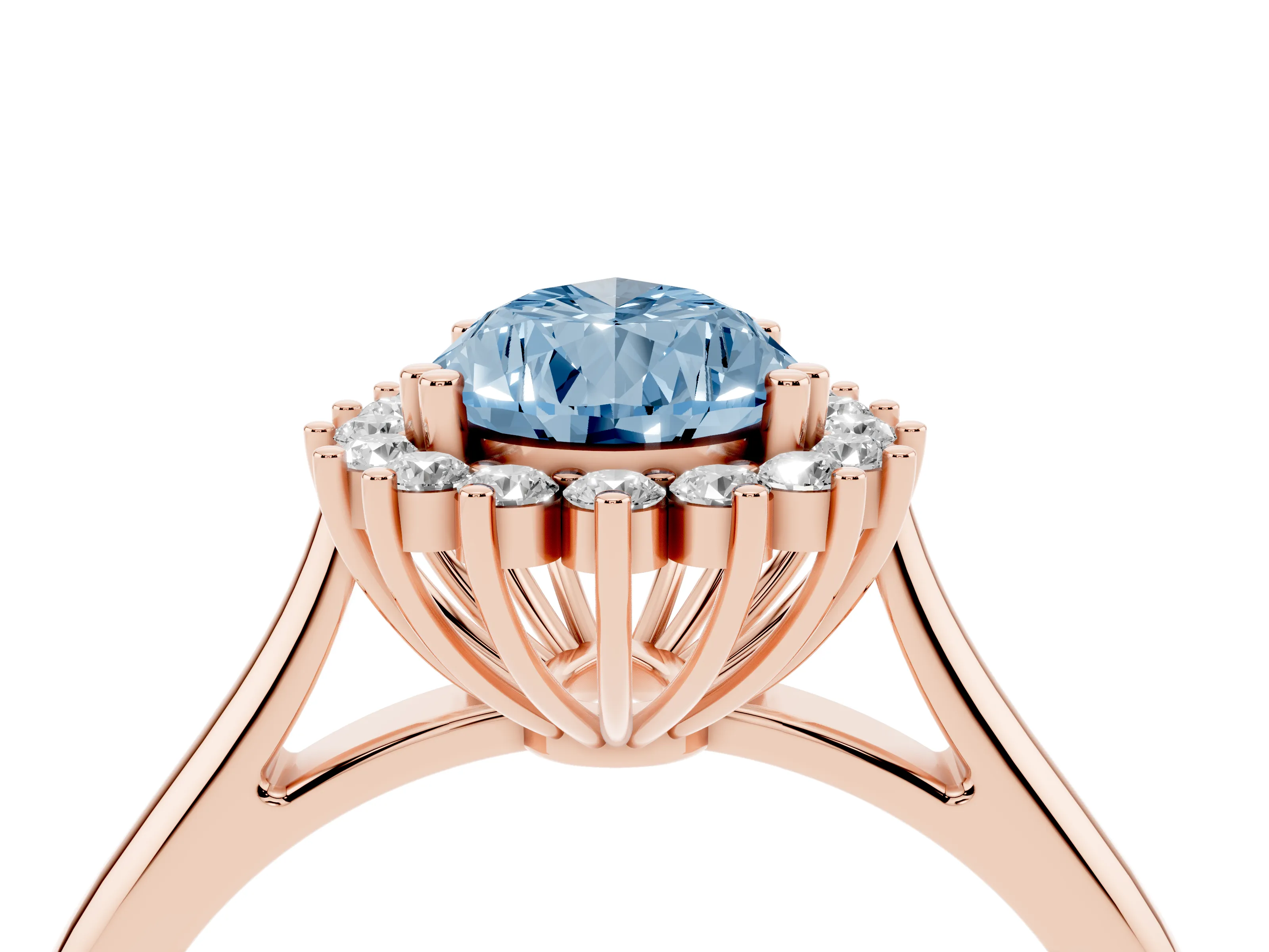 Fancy Blue Pear Cut Diamond Halo Ring Set in Rose gold with Plain Solitaire Band and Prong Setting