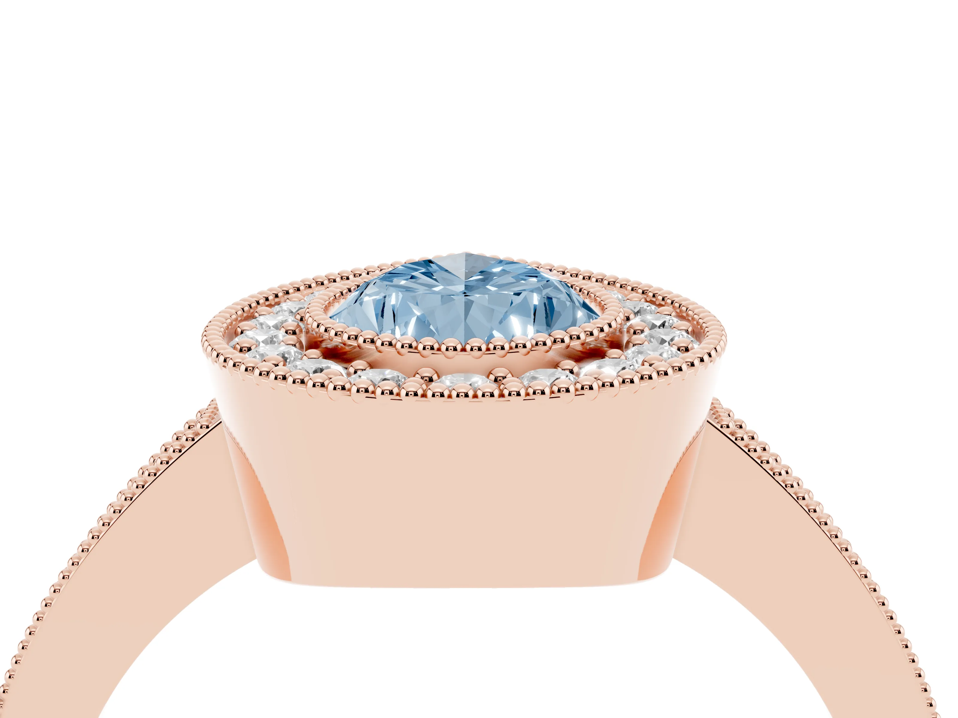 Fancy Blue Pear Cut Diamond Halo Engagement Ring Set in Rose gold with Pavé Band and Round Halo Stones