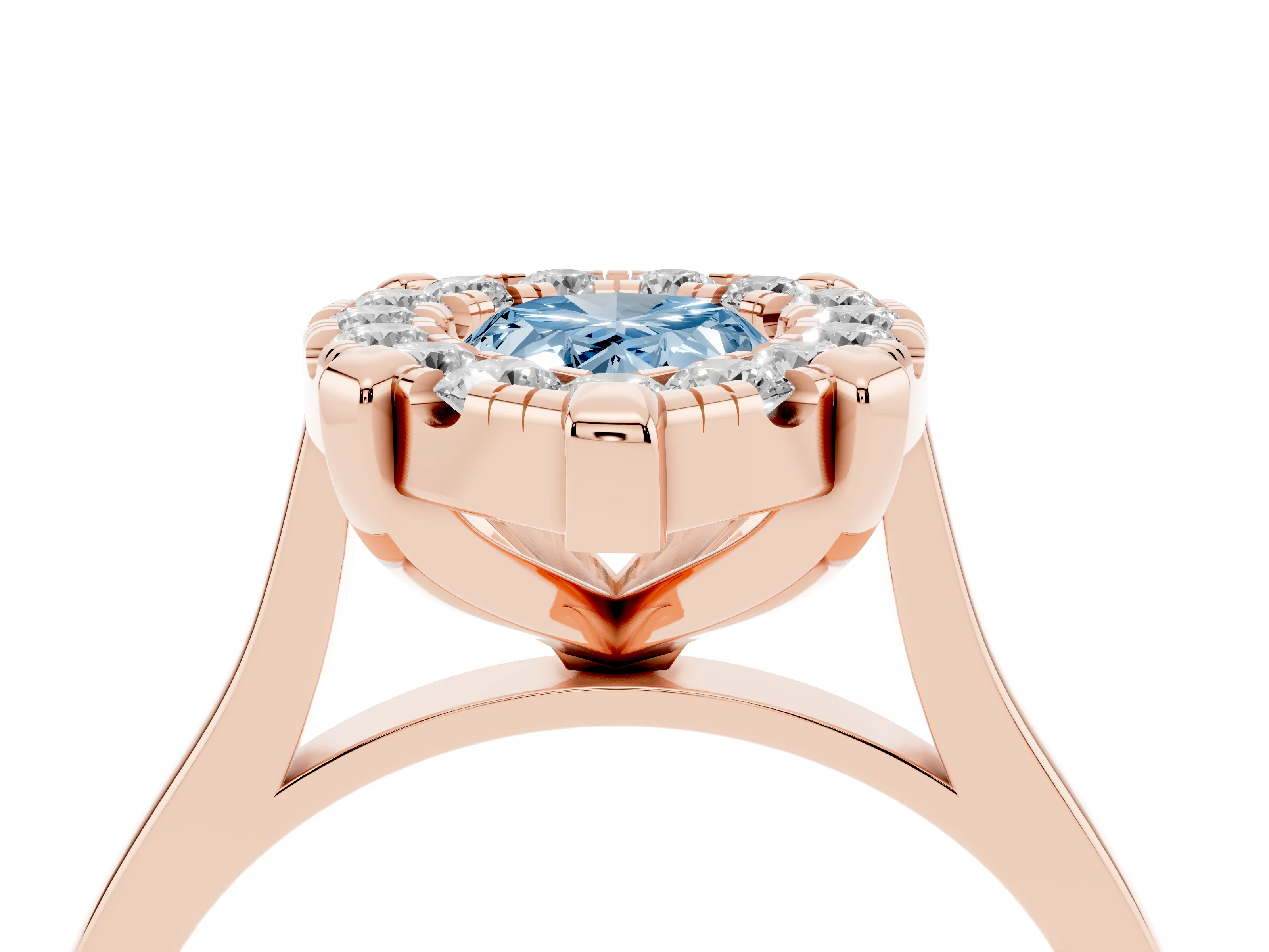 Fancy Blue Pear Cut Diamond Cluster Halo Solitaire Ring Set in Rose gold with Prong Setting