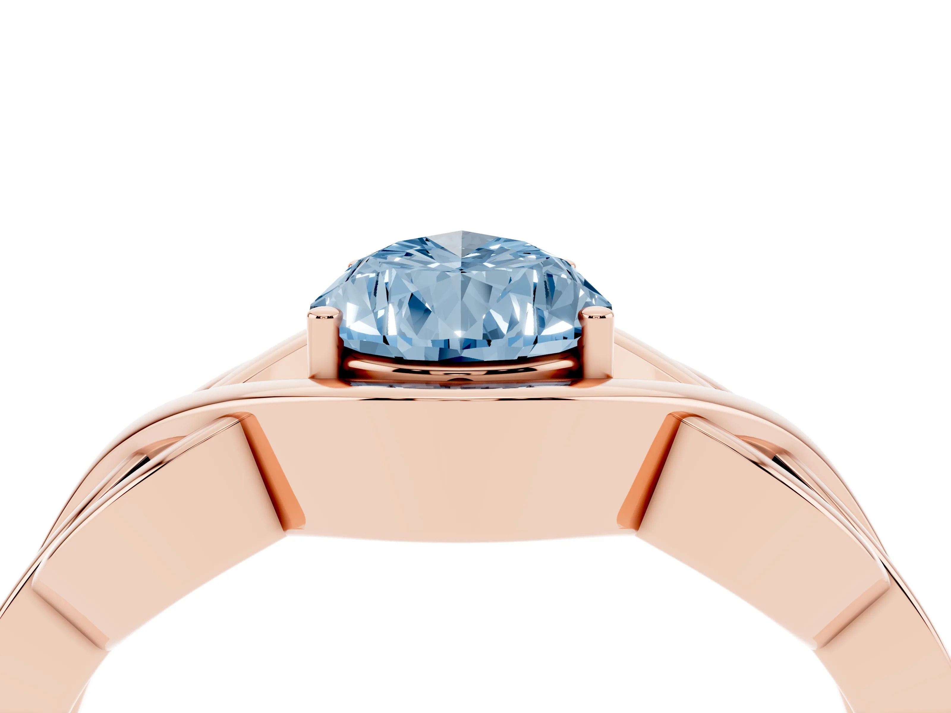 Fancy Blue Pear Cut Diamond Solitaire Ring Set in Rose gold with Intertwined Band