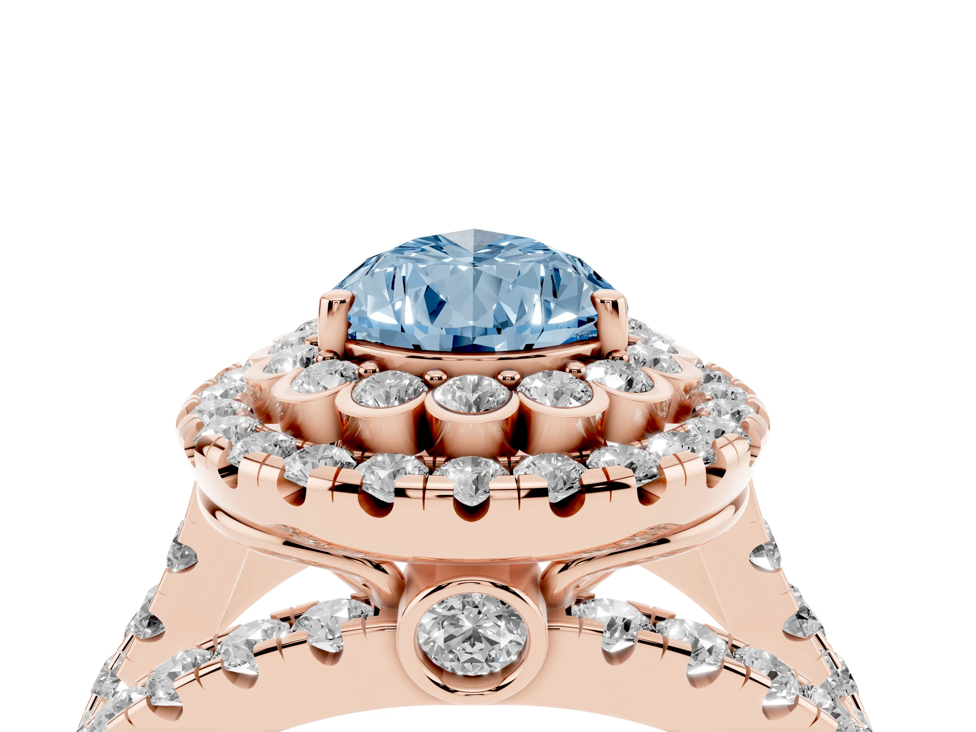 Fancy Blue Pear Cut Diamond Double Halo Ring Set in Rose gold with Round Pavé Split Shank