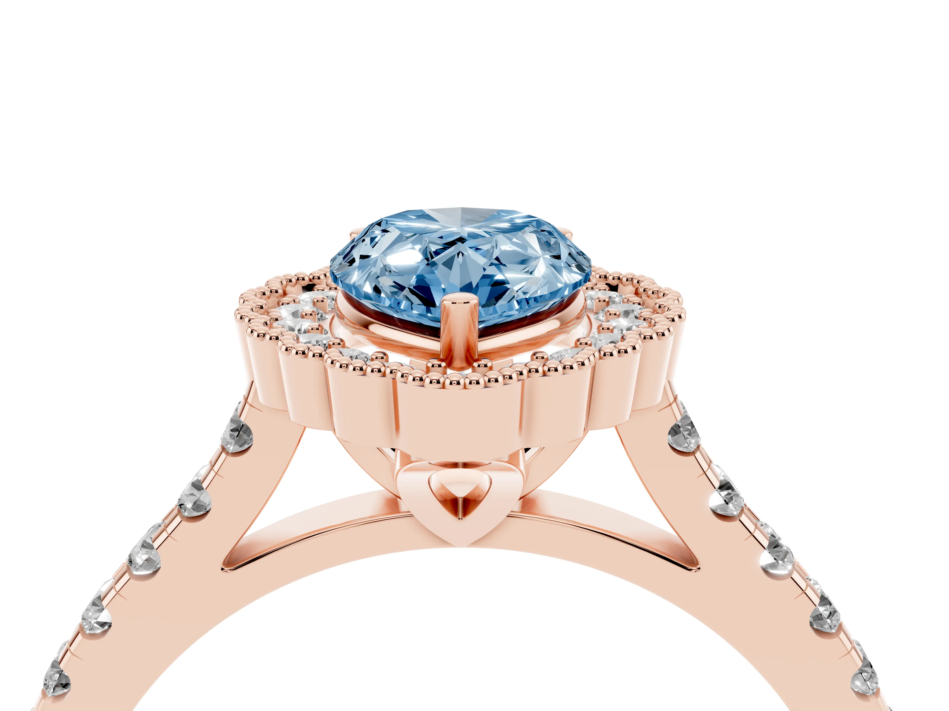 Fancy Blue Pear Cut Diamond Milgrain Floral Halo Engagement Ring Set in Rose gold with Pavé Band