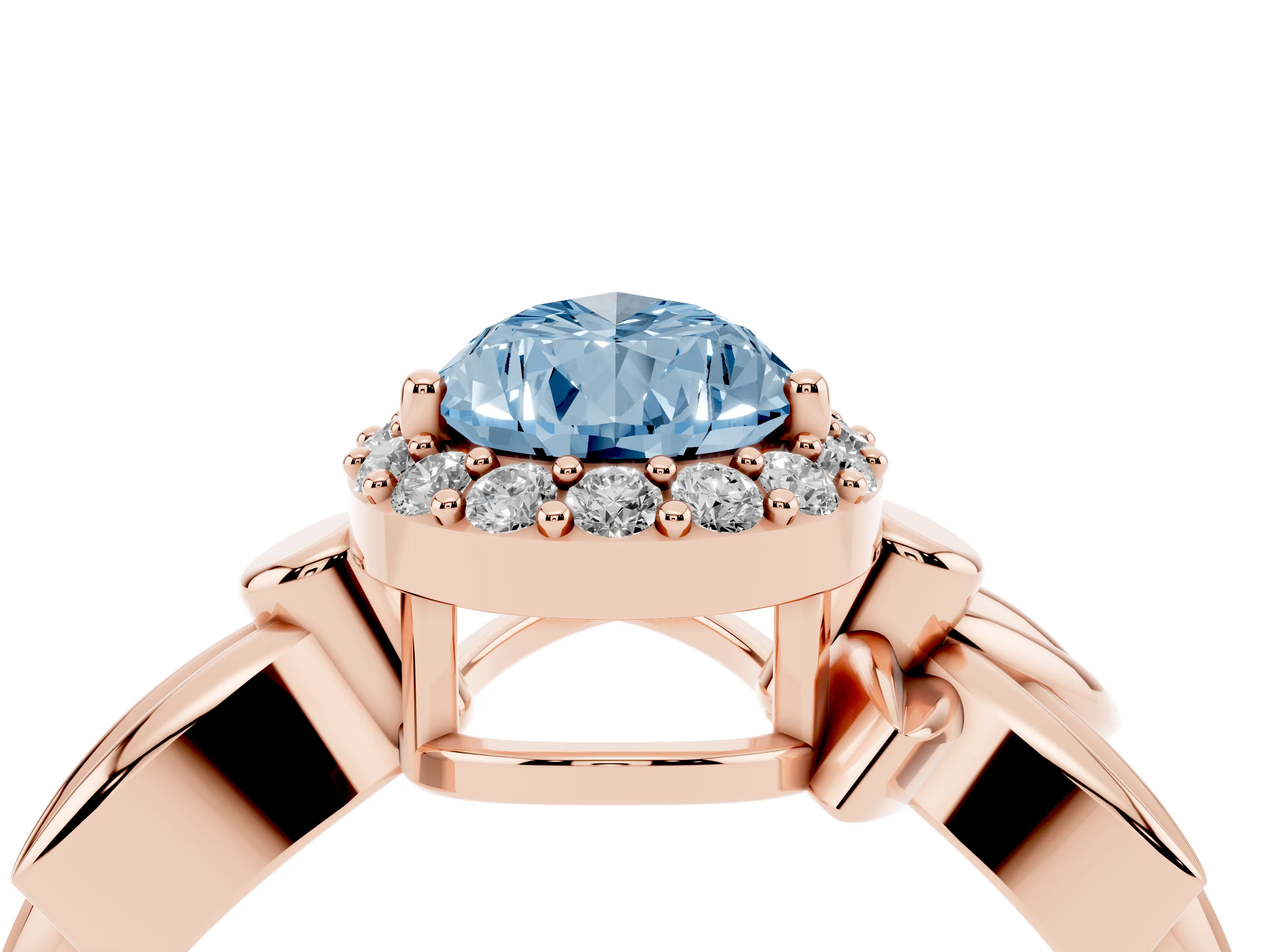 Fancy Blue Pear Cut Diamond Halo Floral Band Ring Set in Rose gold with Prong Setting