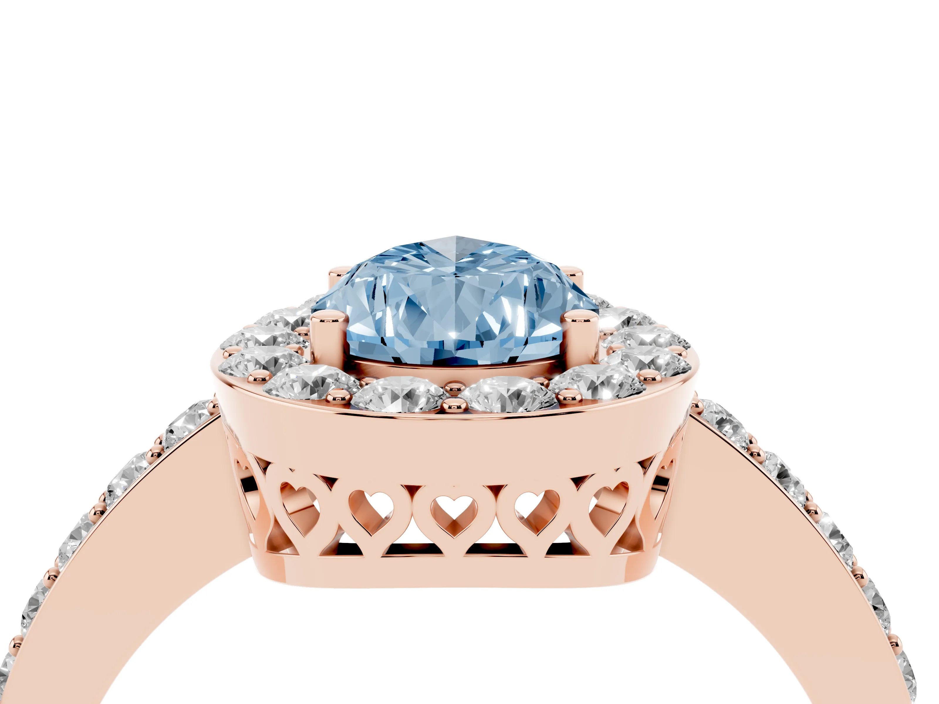 Fancy Blue Pear Cut Diamond Halo Ring Set in Rose gold with Pavé-Setting Band and Open Prong Center