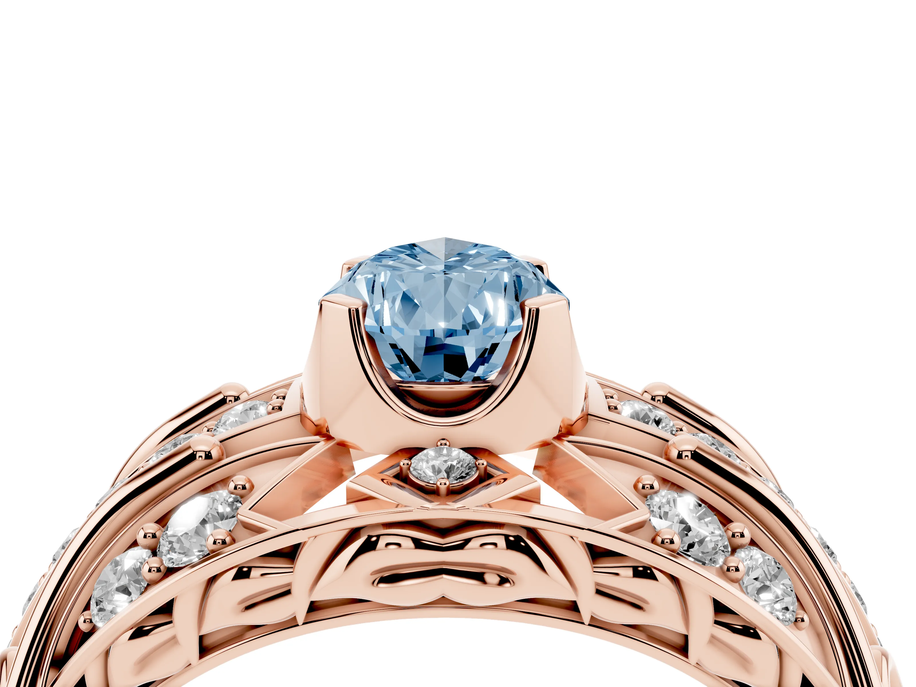 Fancy Blue Pear Cut Diamond Art Deco Ring Set in Rose gold with Pavé Split Shank