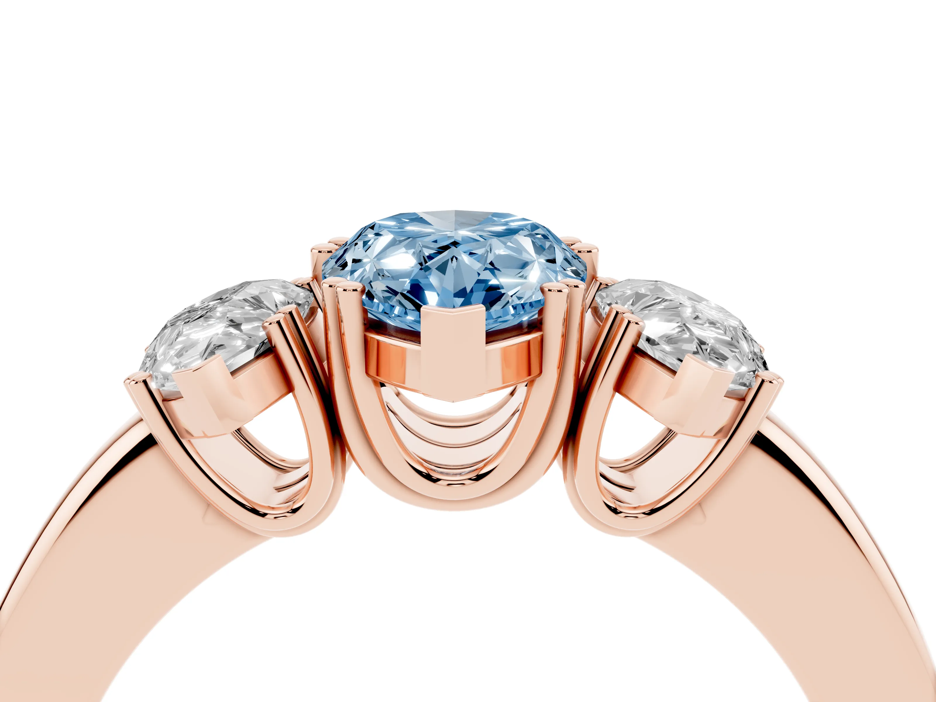 Fancy Blue Pear Cut Diamond Three-Stone Ring Set in Rose gold with Polished Channel-Set Band