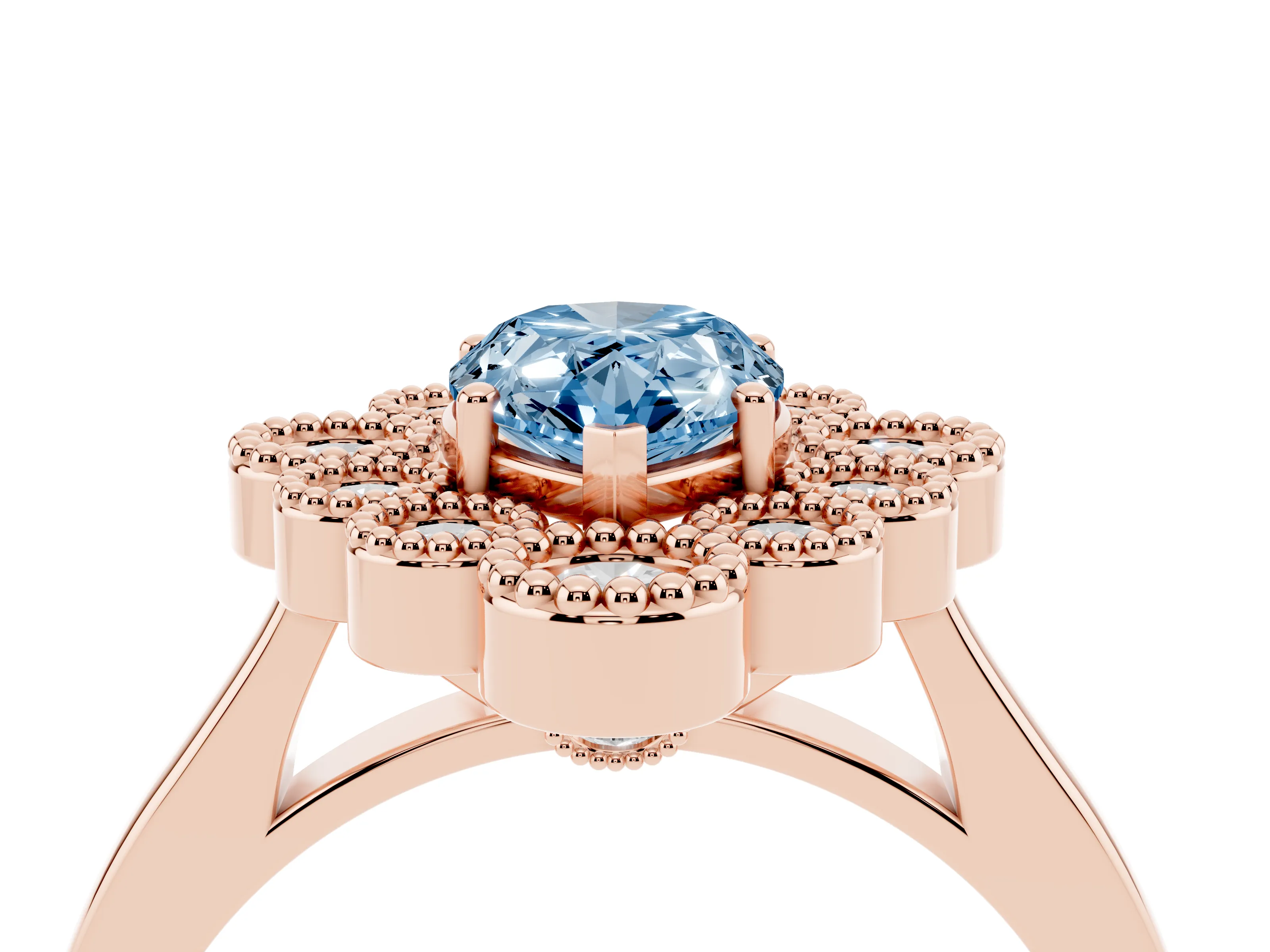 Fancy Blue Pear Cut Diamond Cluster Halo Ring Set in Rose gold with Milgrain Bezel Accents and Plain Band