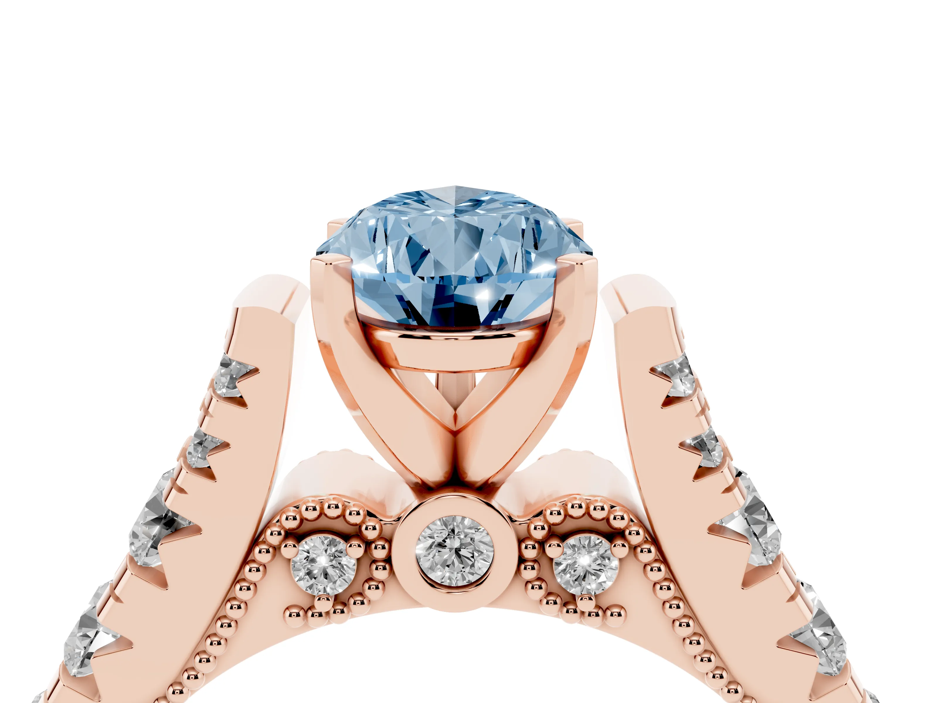 Fancy Blue Pear Cut Diamond Classic Solitaire Ring Set in Rose gold with Pavé Band and Prong Setting