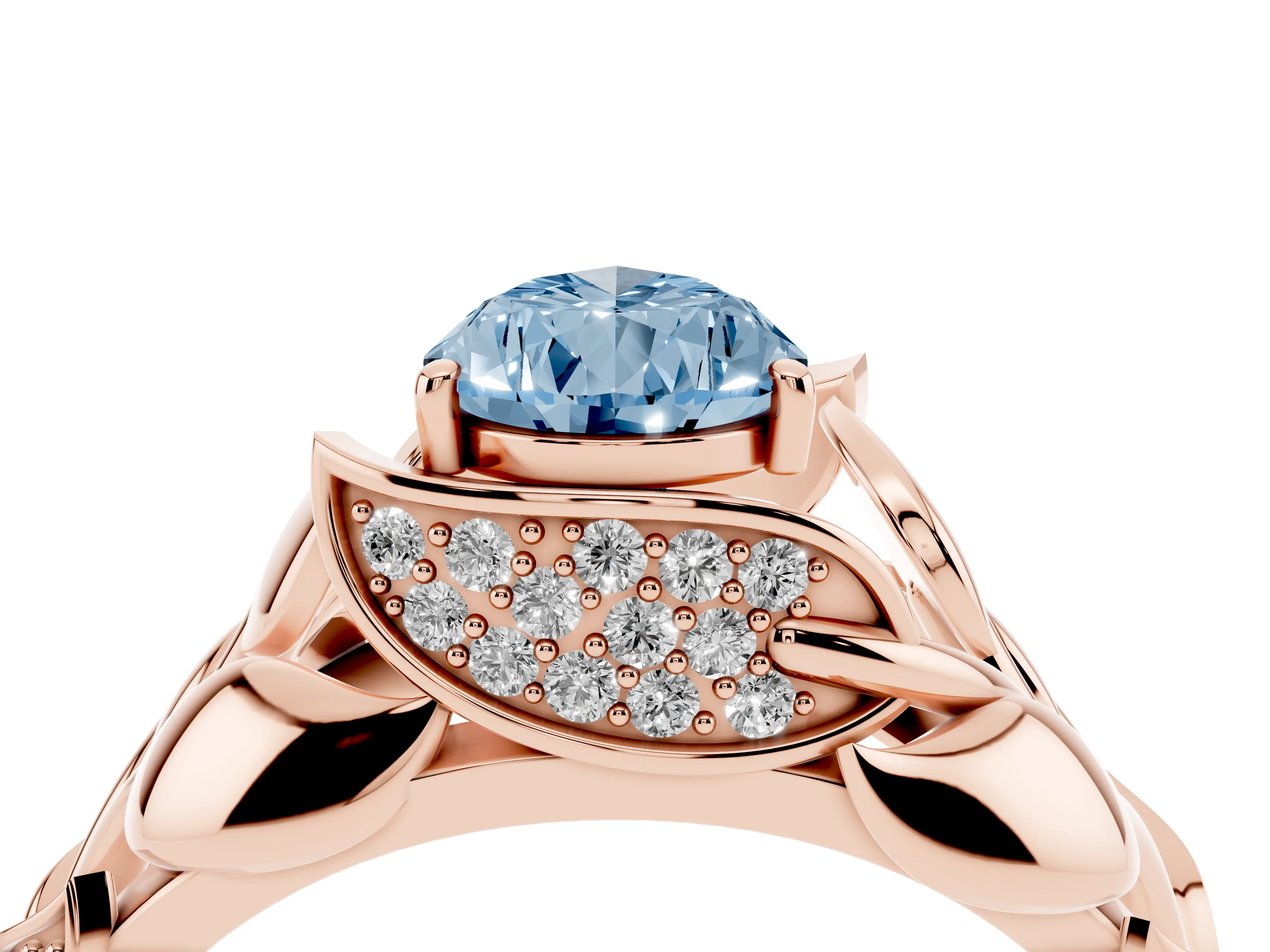Fancy Blue Pear Cut Diamond Leaf-Inspired Engagement Ring Set in Rose gold with Round Accents