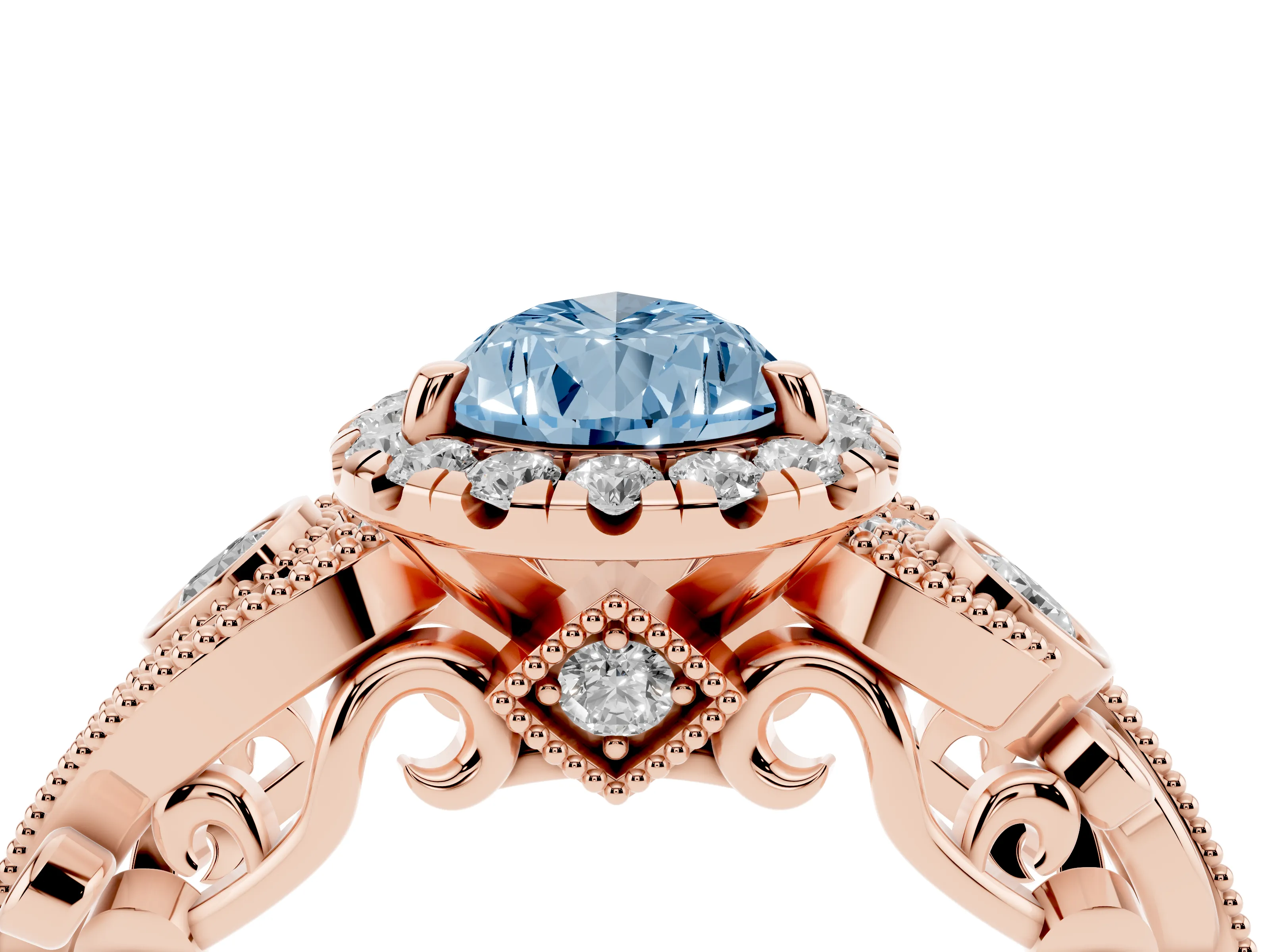 Fancy Blue Pear Cut Diamond Halo Ring Set in Rose gold with Milgrain Pavé Band and Prong Setting