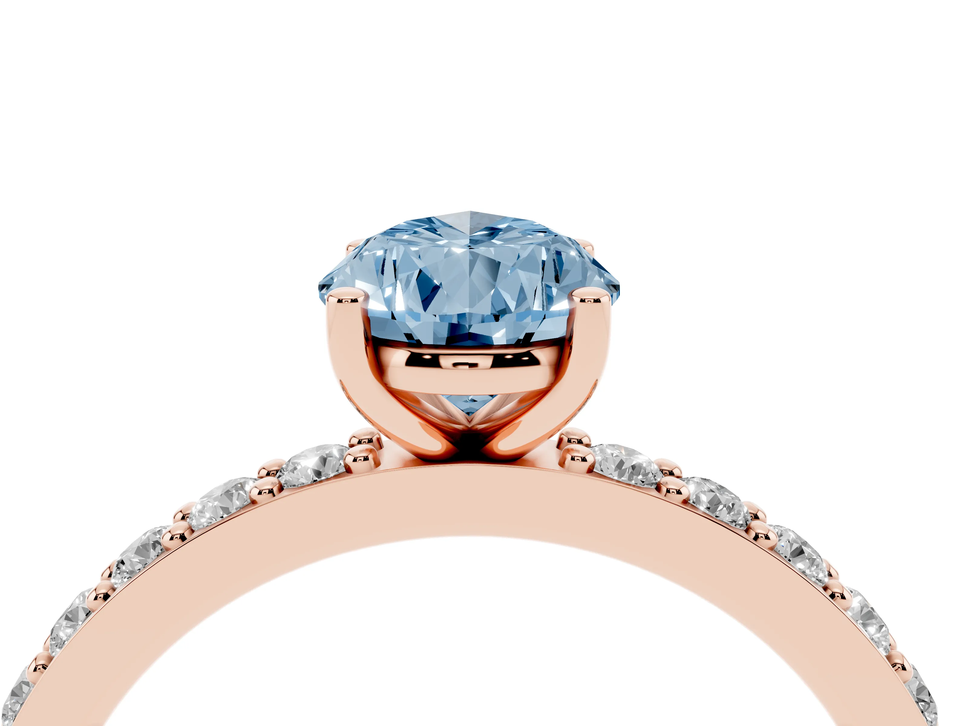Fancy Blue Pear Cut Diamond Solitaire Set in Rose gold with Round Pavé Band and Prong Setting