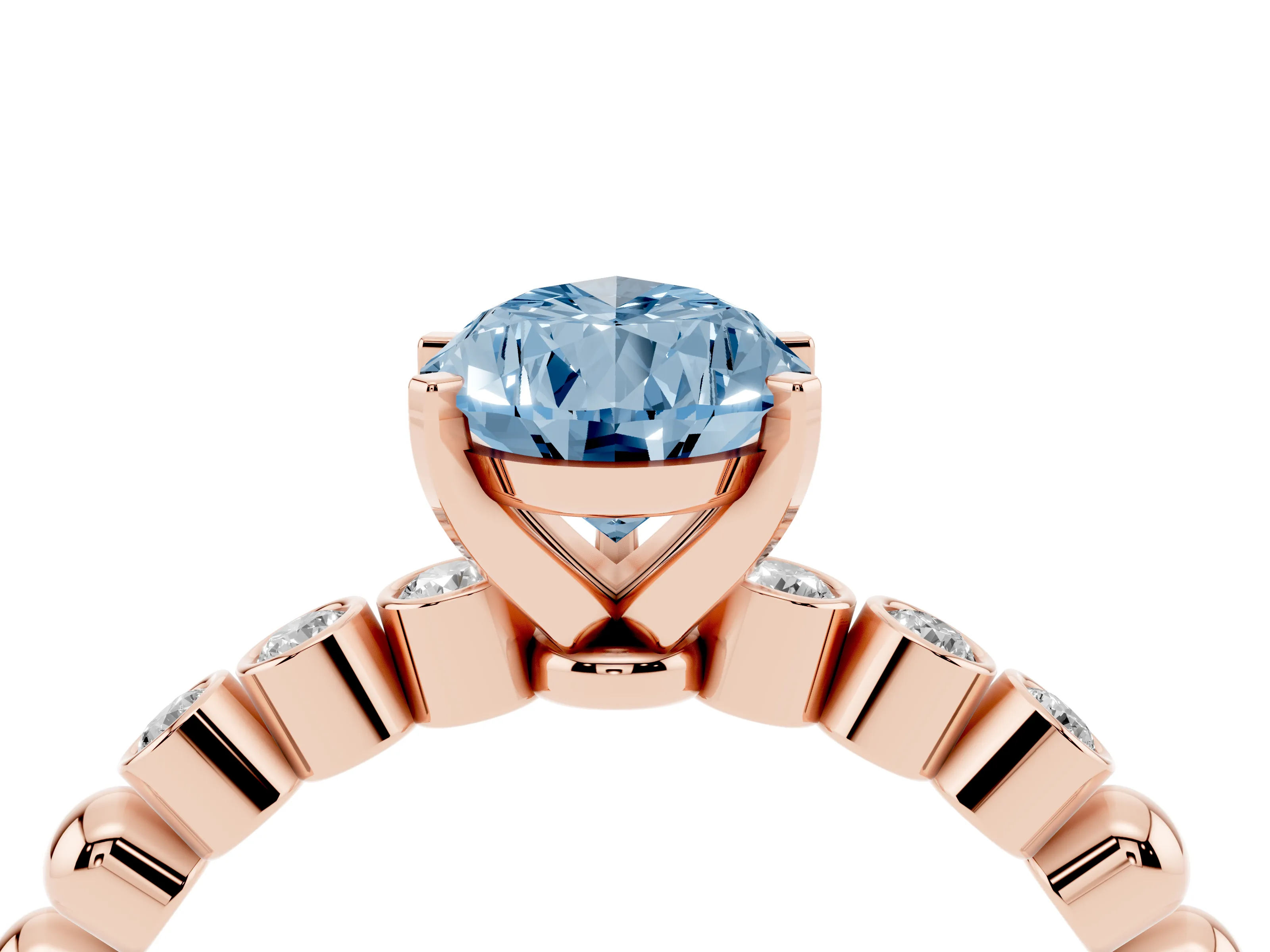 Fancy Blue Pear Cut Diamond Solitaire Engagement Ring Set in Rose gold with Bezel Accents on Beaded Band