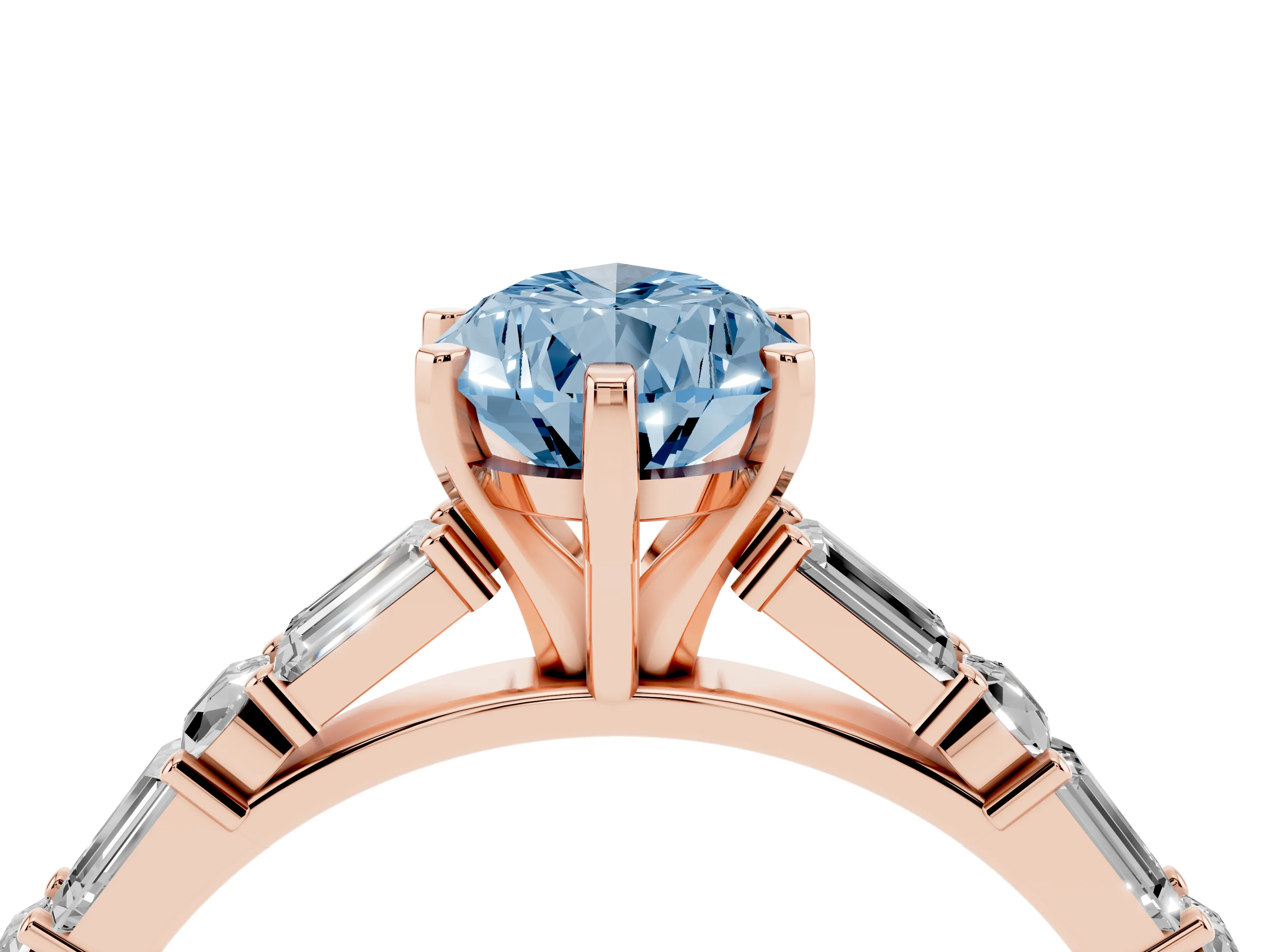 Fancy Blue Pear Cut Diamond Solitaire Set in Rose gold with Side Baguettes and Channel Set Band