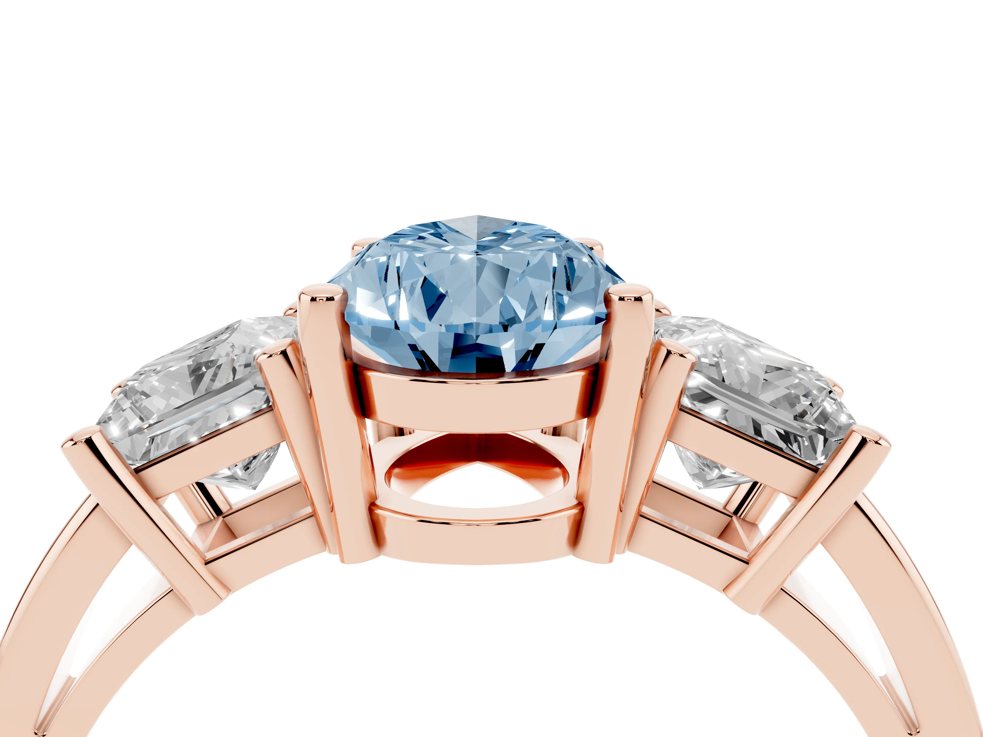Fancy Blue Three-Stone Pear Cut Diamond Solitaire Ring Set in Rose gold with Prong Setting