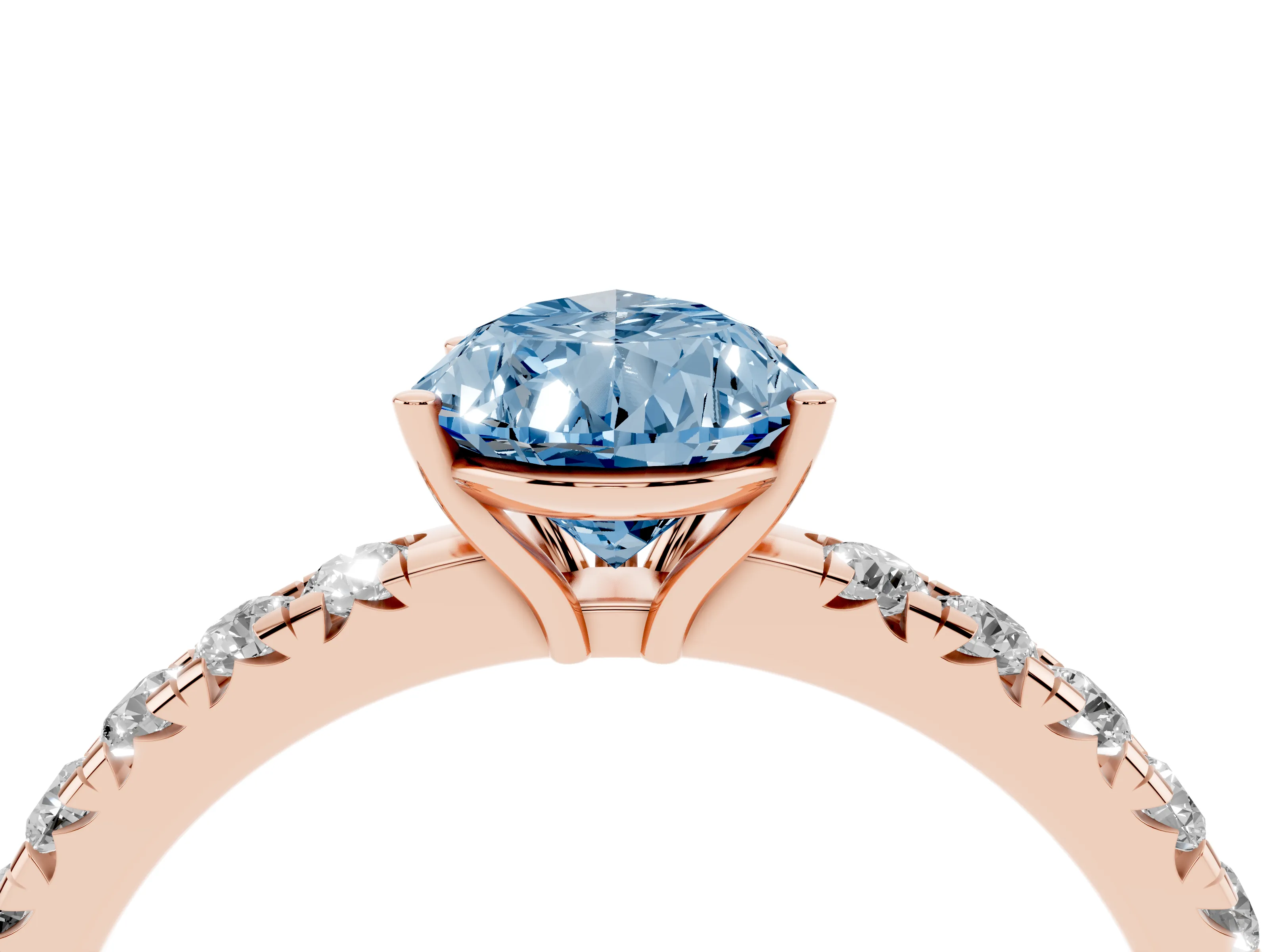 Fancy Blue Pear Cut Diamond Pavé Solitaire Engagement Ring Set in Rose gold with Prong Setting