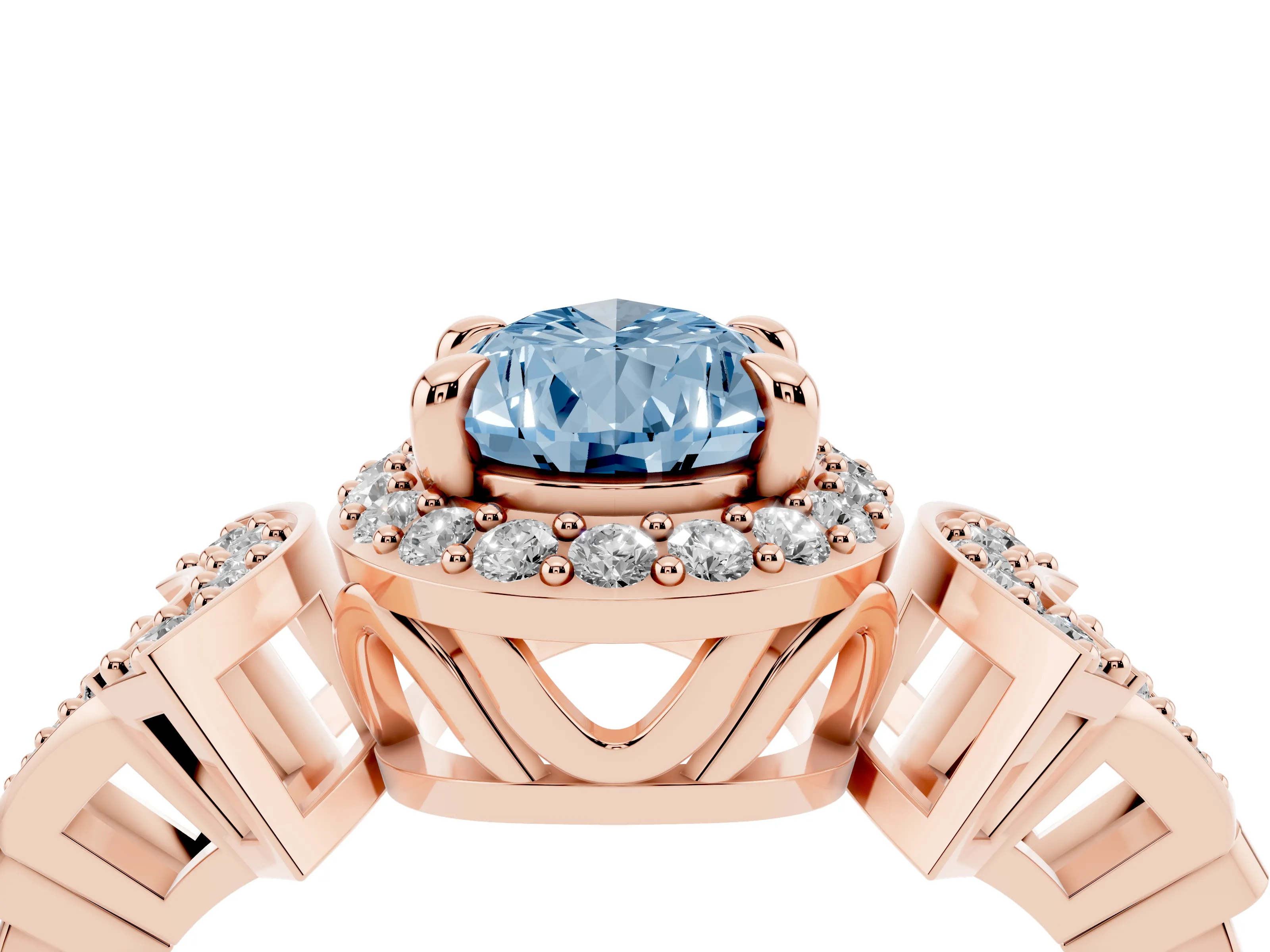 Fancy Blue Pear Cut Diamond Halo Engagement Ring Set in Rose gold with Accent Stone Split Shank