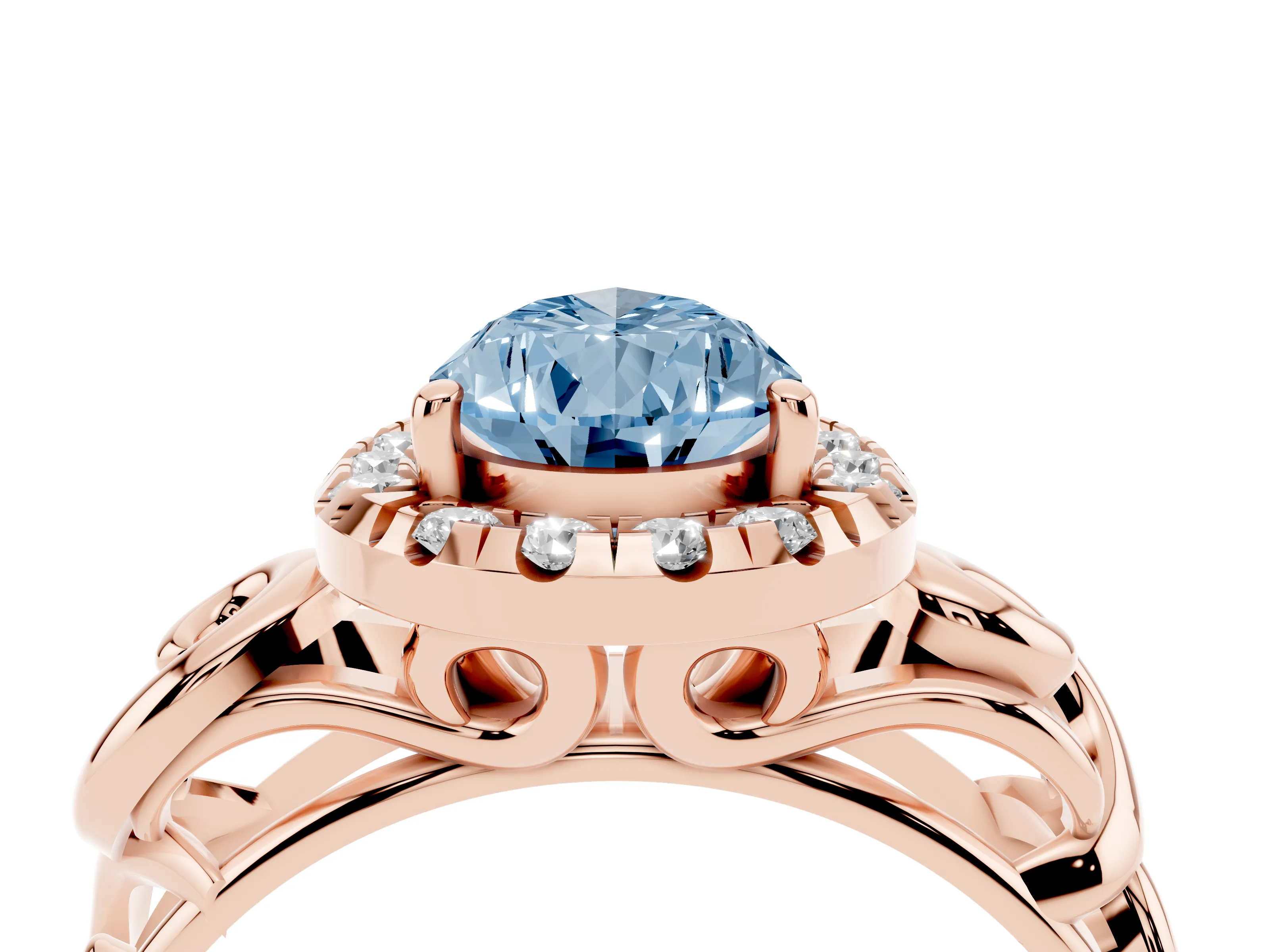 Fancy Blue Pear Cut Diamond Halo Ring Set in Rose gold with Scrollwork Band and Prong Setting