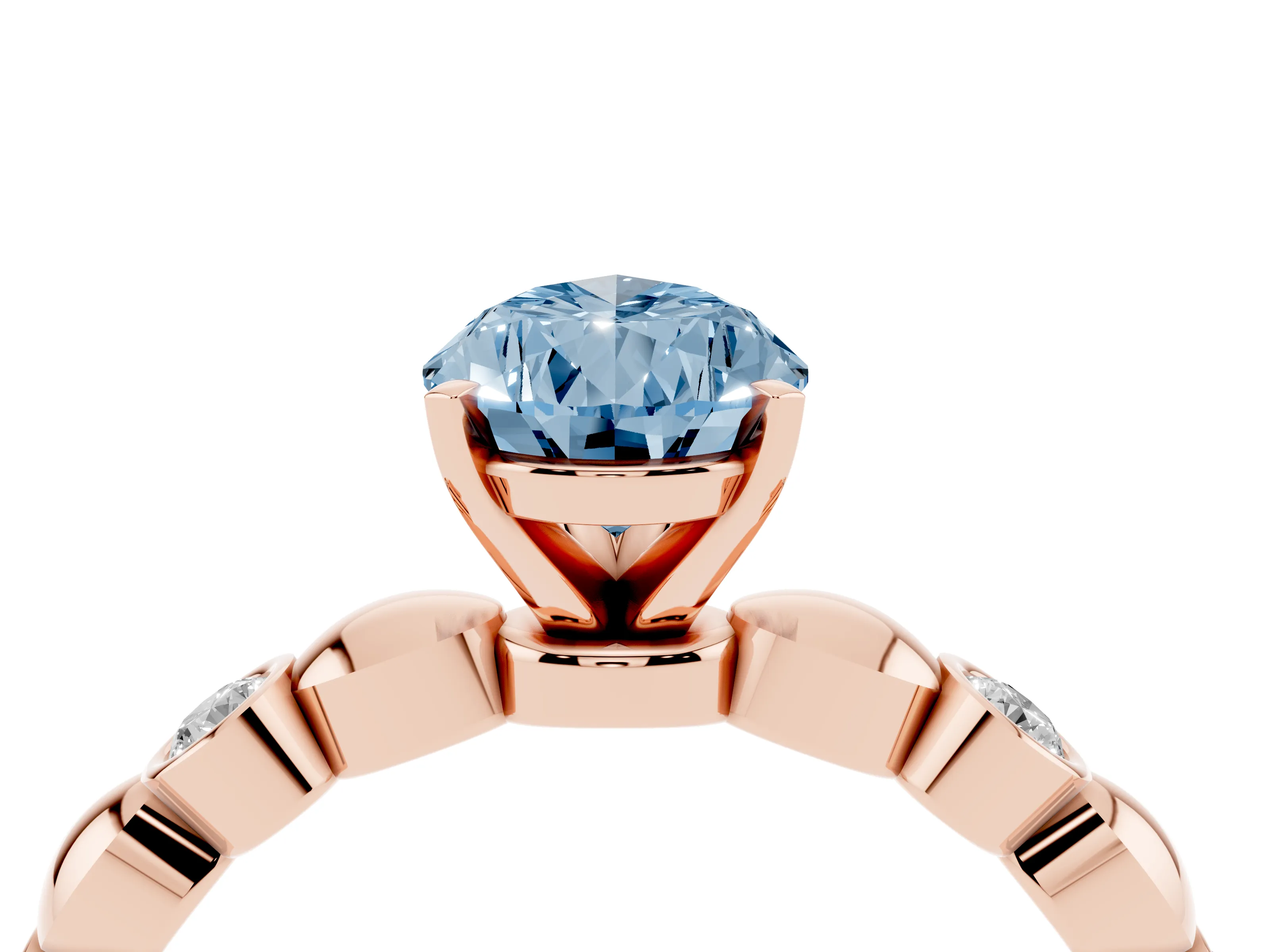 Fancy Blue Pear Cut Diamond Solitaire Ring Set in Rose gold with Bezel-Set Accents on Beaded Band and Prong Setting