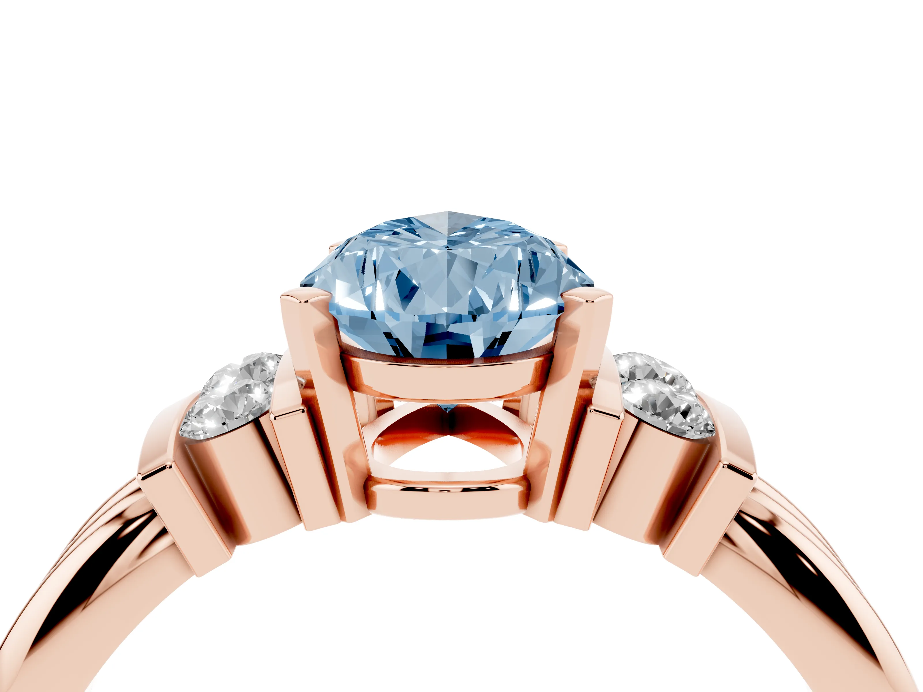 Fancy Blue Three-Stone Pear Cut Diamond Channel Set Ring Set in Rose gold with Bar Prongs