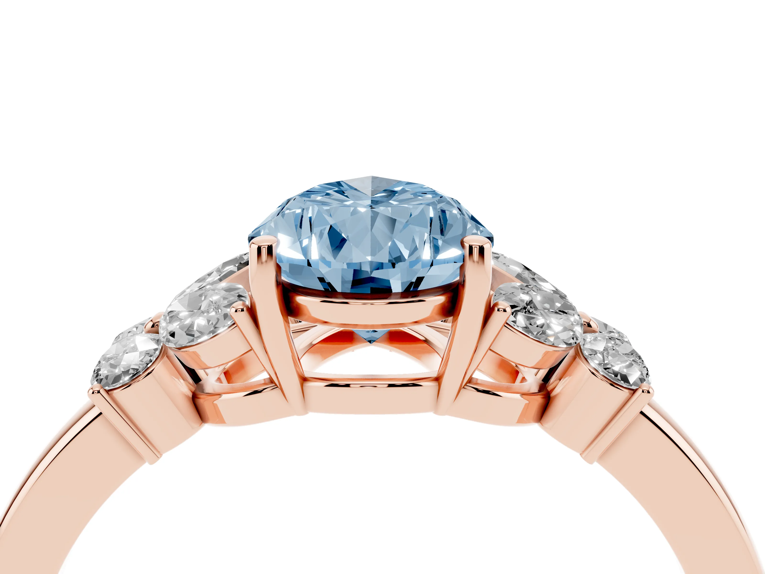 Fancy Blue Pear Cut Diamond Solitaire Floral Ring Set in Rose gold with Marquise Petals and Prong Setting