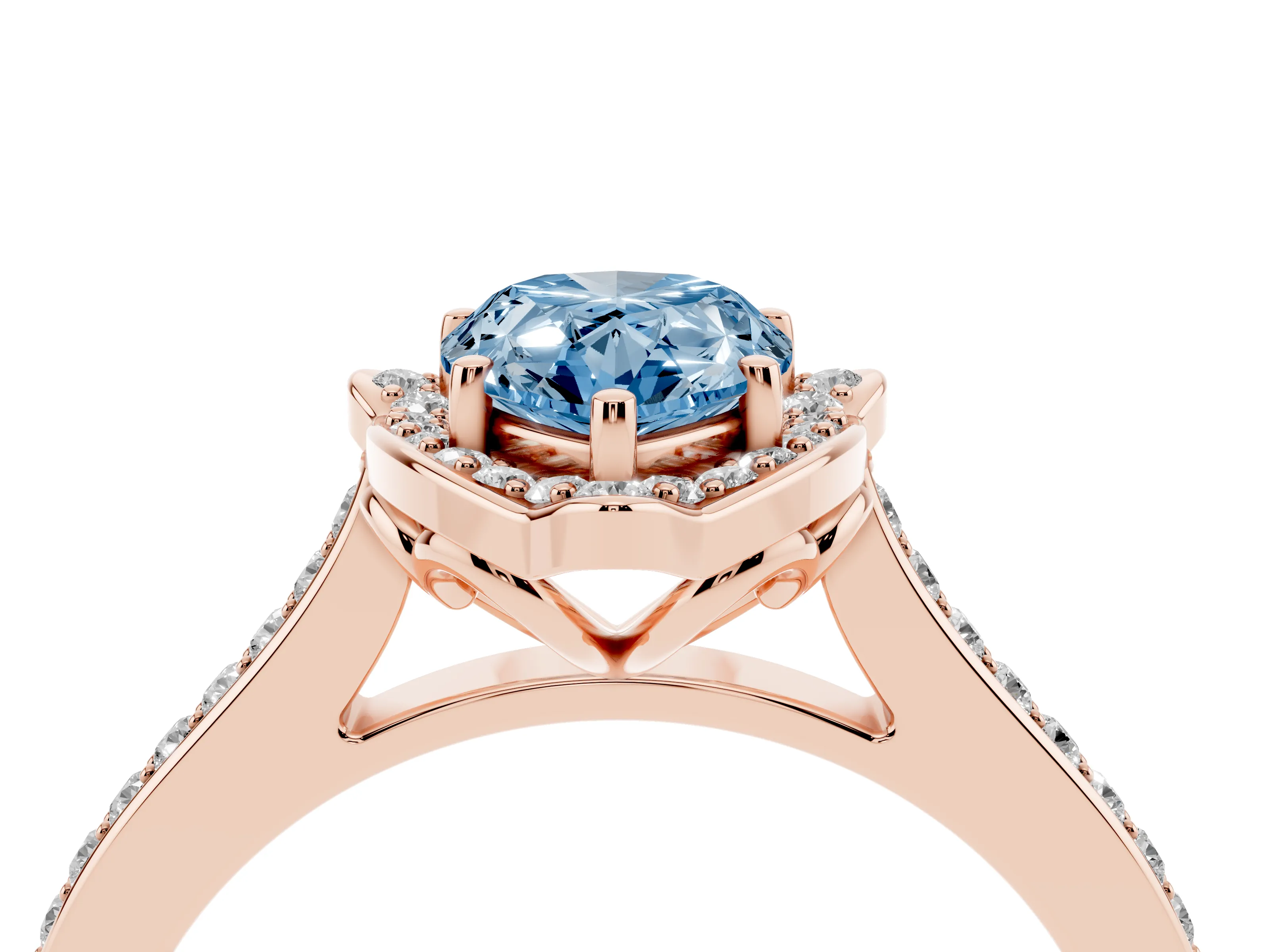Fancy Blue Pear Cut Diamond Halo Ring Set in Rose gold with Pavé-Lined Shoulders and Prong Setting