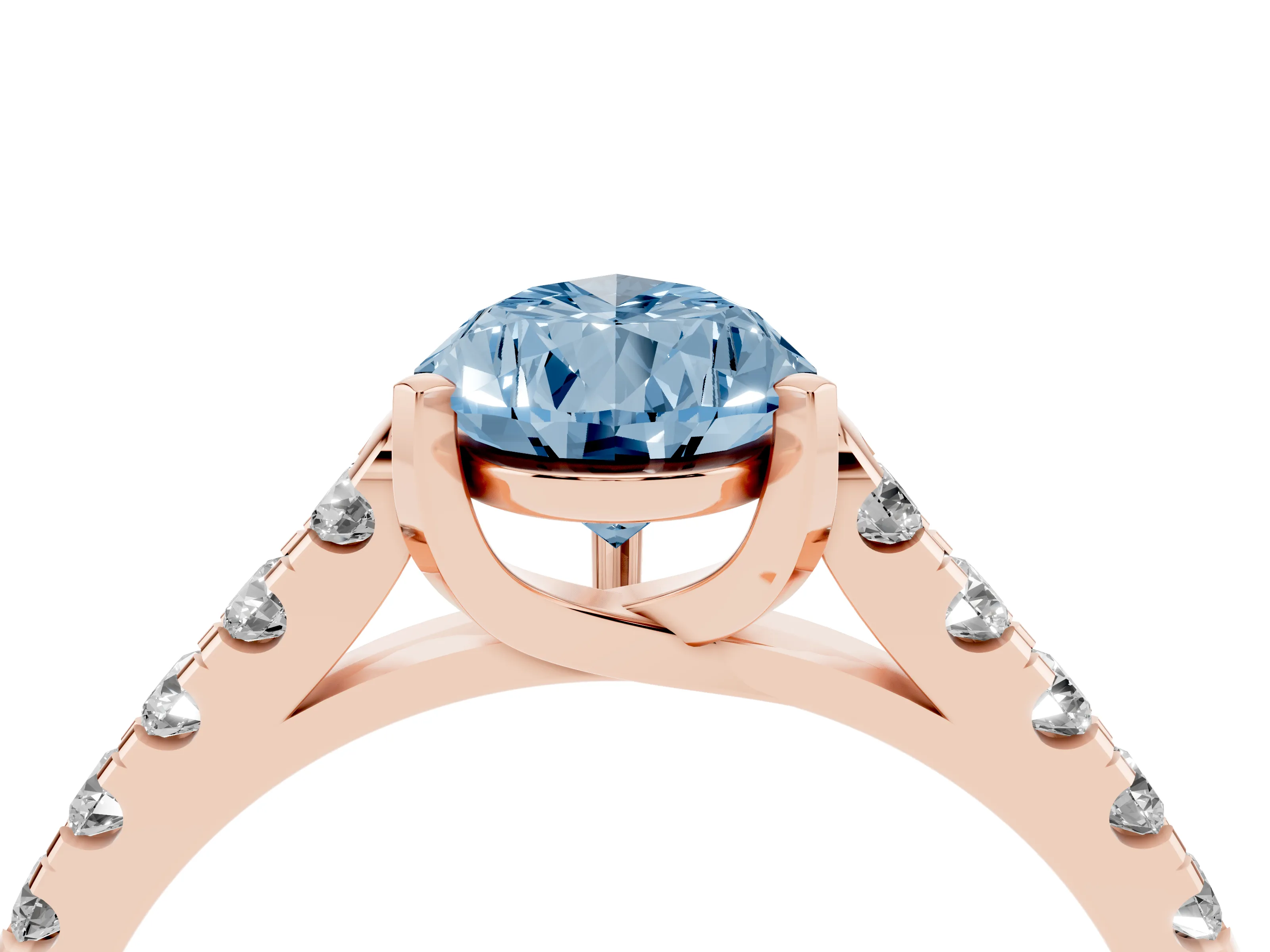 Fancy Blue Pear Cut Diamond Pavé Band Solitaire Ring Set in Rose gold with Partway Accent Stones and Prong Setting