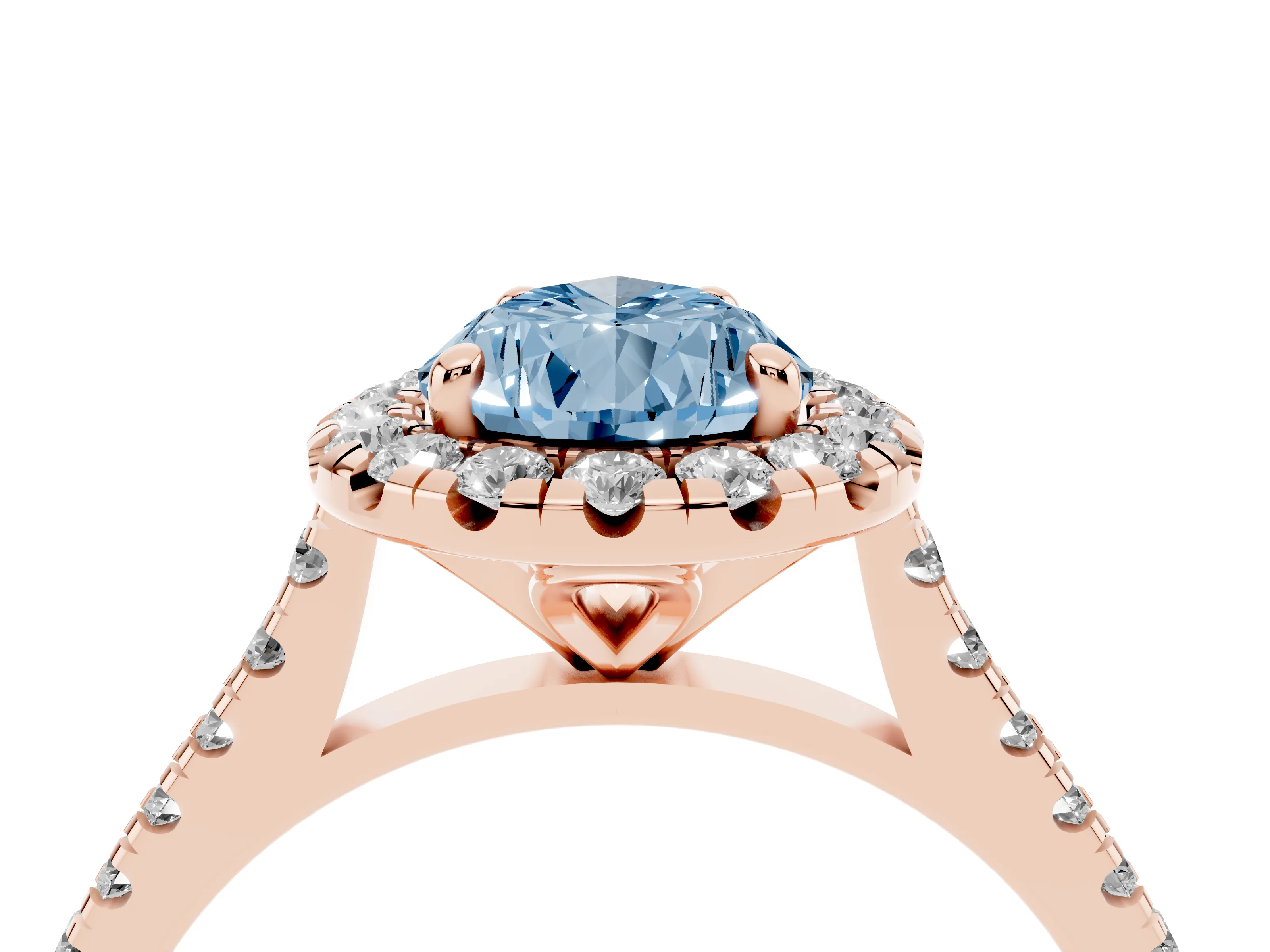 Fancy Blue Pear Cut Diamond Cushion Halo Ring Set in Rose gold with Pavé Band