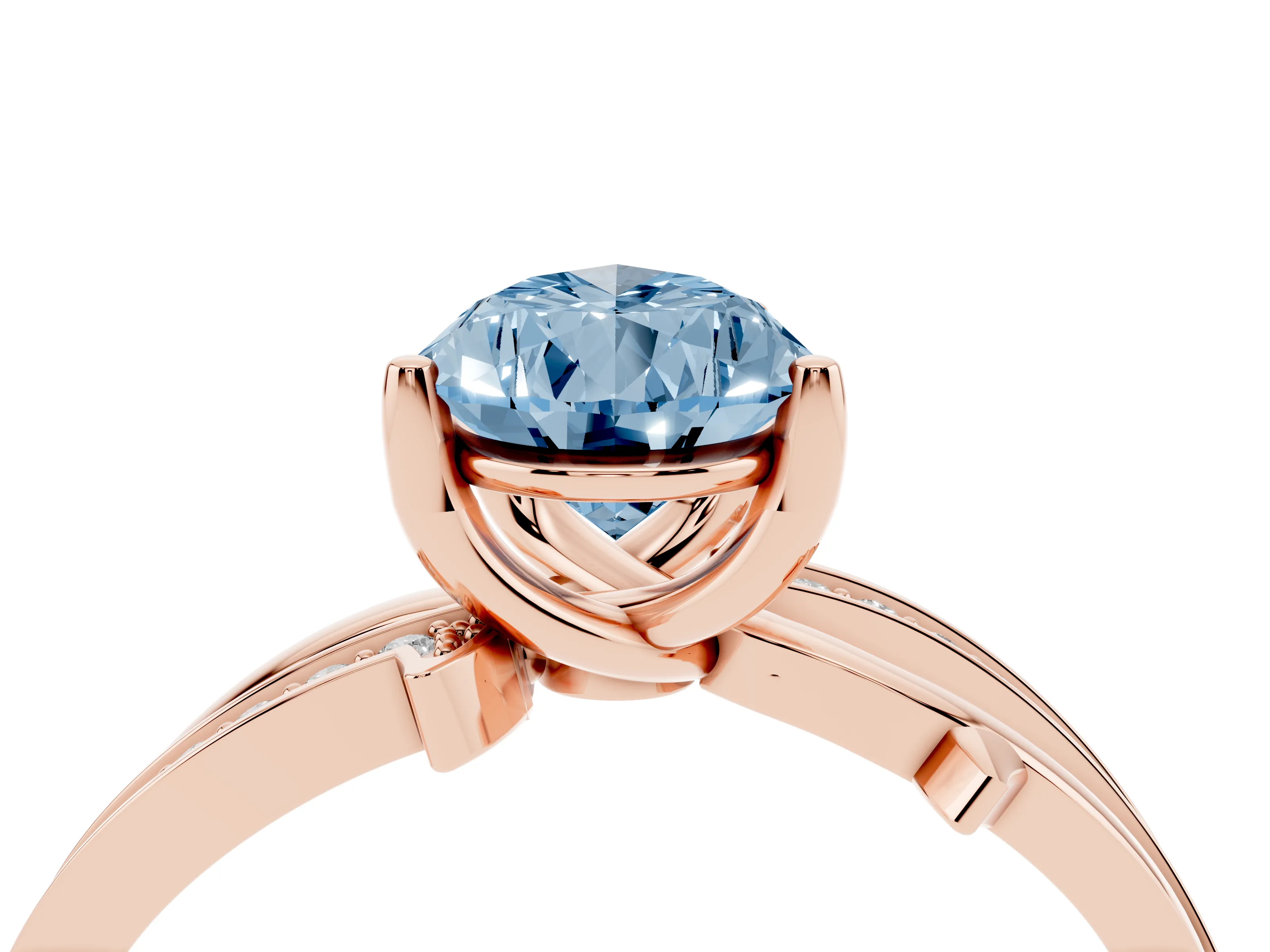 Fancy Blue Pear Cut Diamond Pavé Twist Band Solitaire Ring Set in Rose gold with Prong Setting