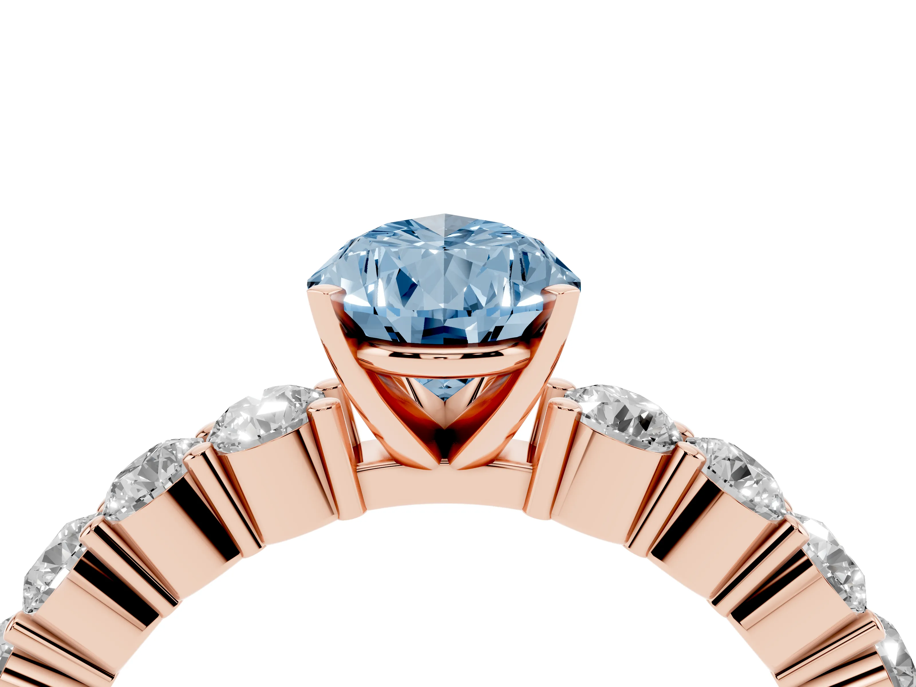Fancy Blue Pear Cut Diamond Solitaire Ring Set in Rose gold with Shared Prong Round Side Stones