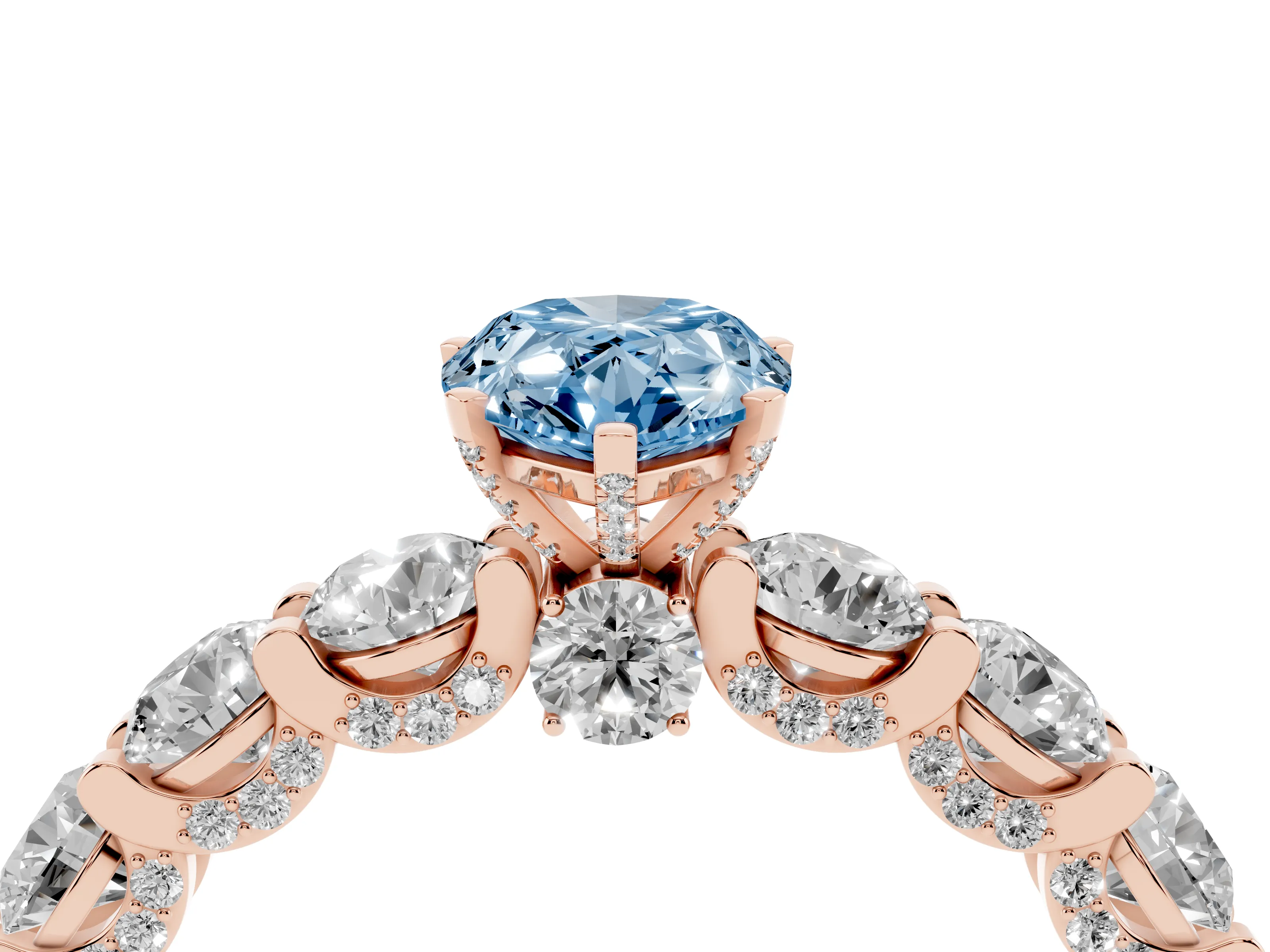 Fancy Blue Pear Cut Diamond Side Stone Ring Set in Rose gold with Alternating Round and Oval Side Stones