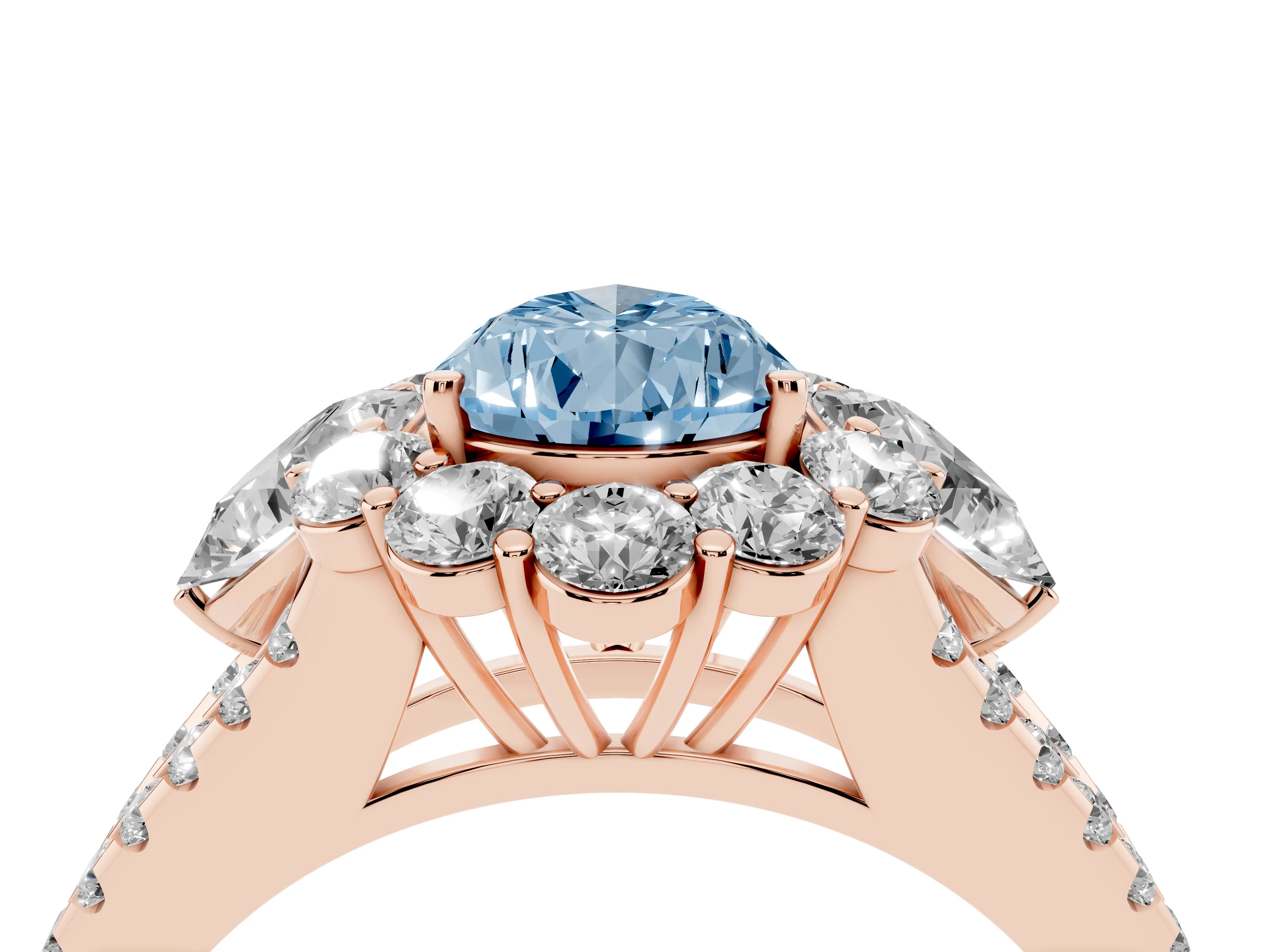 Fancy Blue Pear Cut Diamond Halo Split Shank Engagement Ring Set in Rose gold with Prong-Held Center Stone