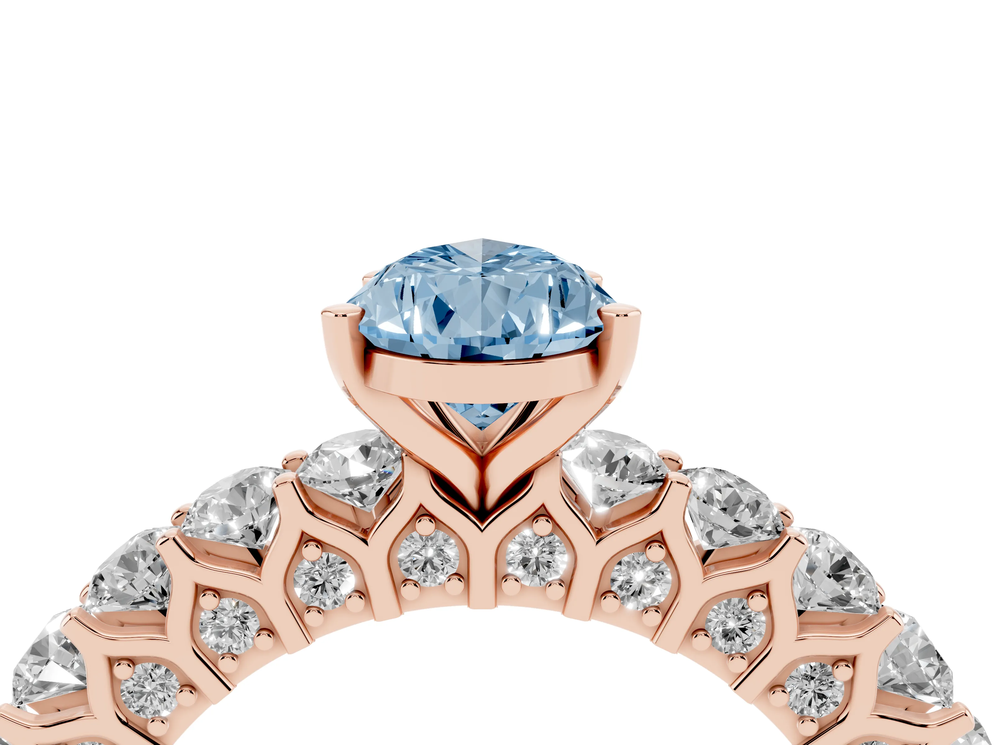 Fancy Blue Pear Cut Diamond Solitaire Ring Set in Rose gold with Shared Prong Pavé Band