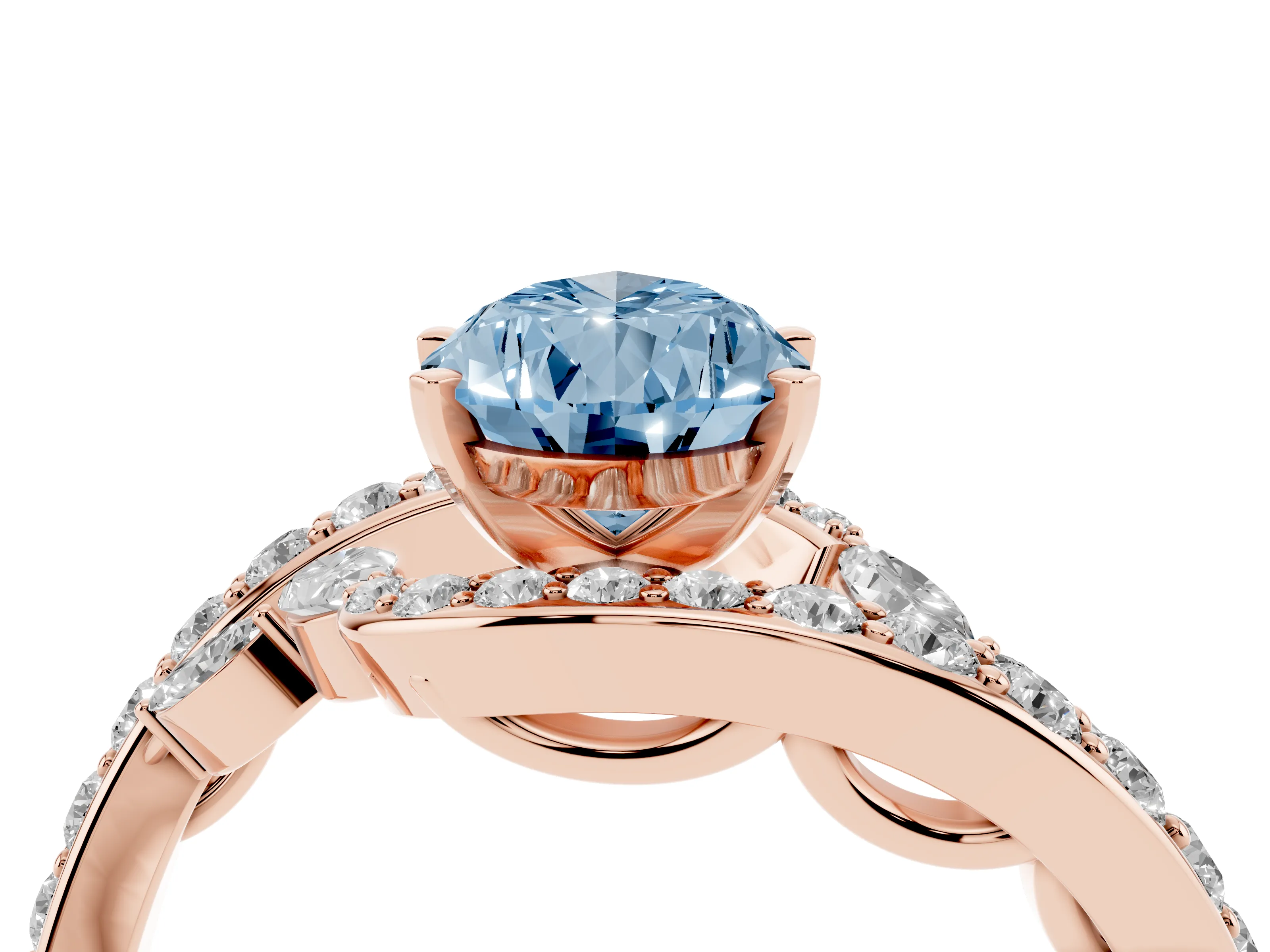 Fancy Blue Pear Cut Diamond Solitaire Ring Set in Rose gold with Pavé Twist Band and Secure Prong Setting