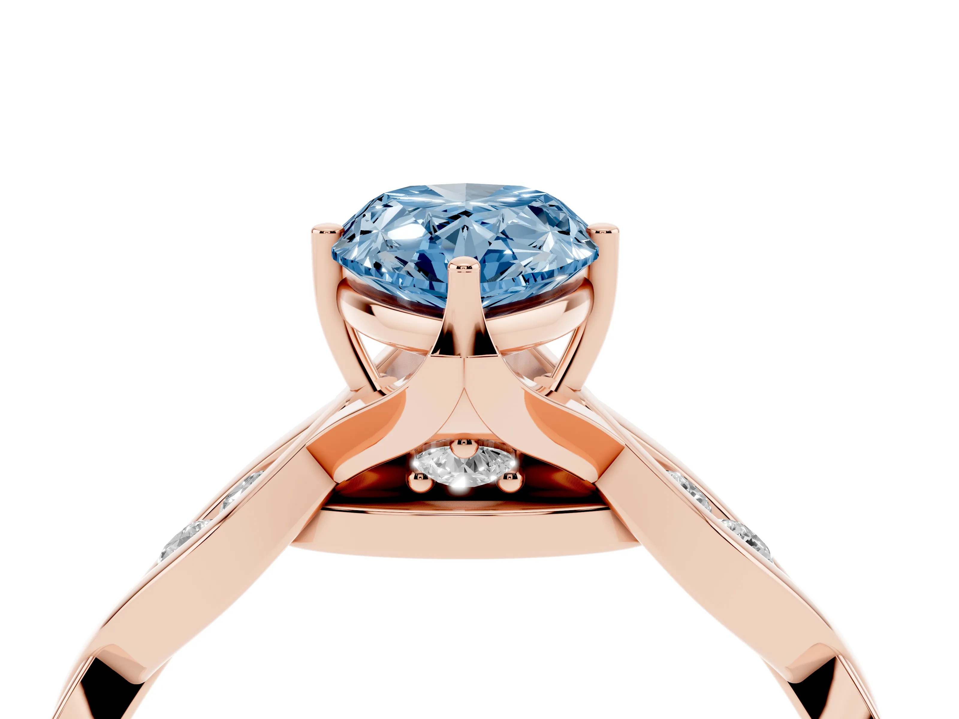 Fancy Blue Pear Cut Diamond Twist Band Solitaire Ring Set in Rose gold with Leaf Prong Setting and Accent Stones