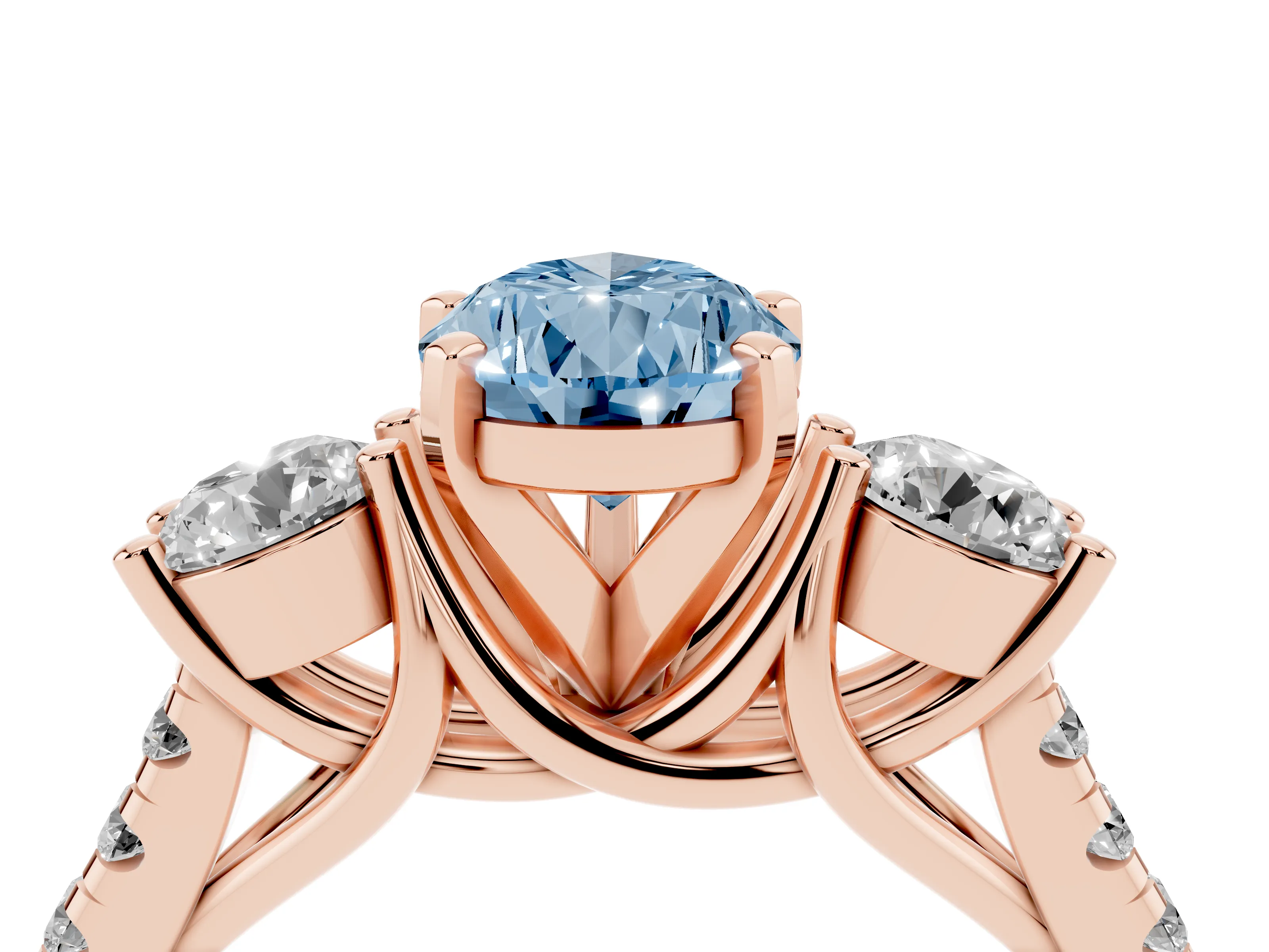 Fancy Blue Three-Stone Pear Cut Diamond Pavé Band Ring Set in Rose gold with Prong-Set Trio