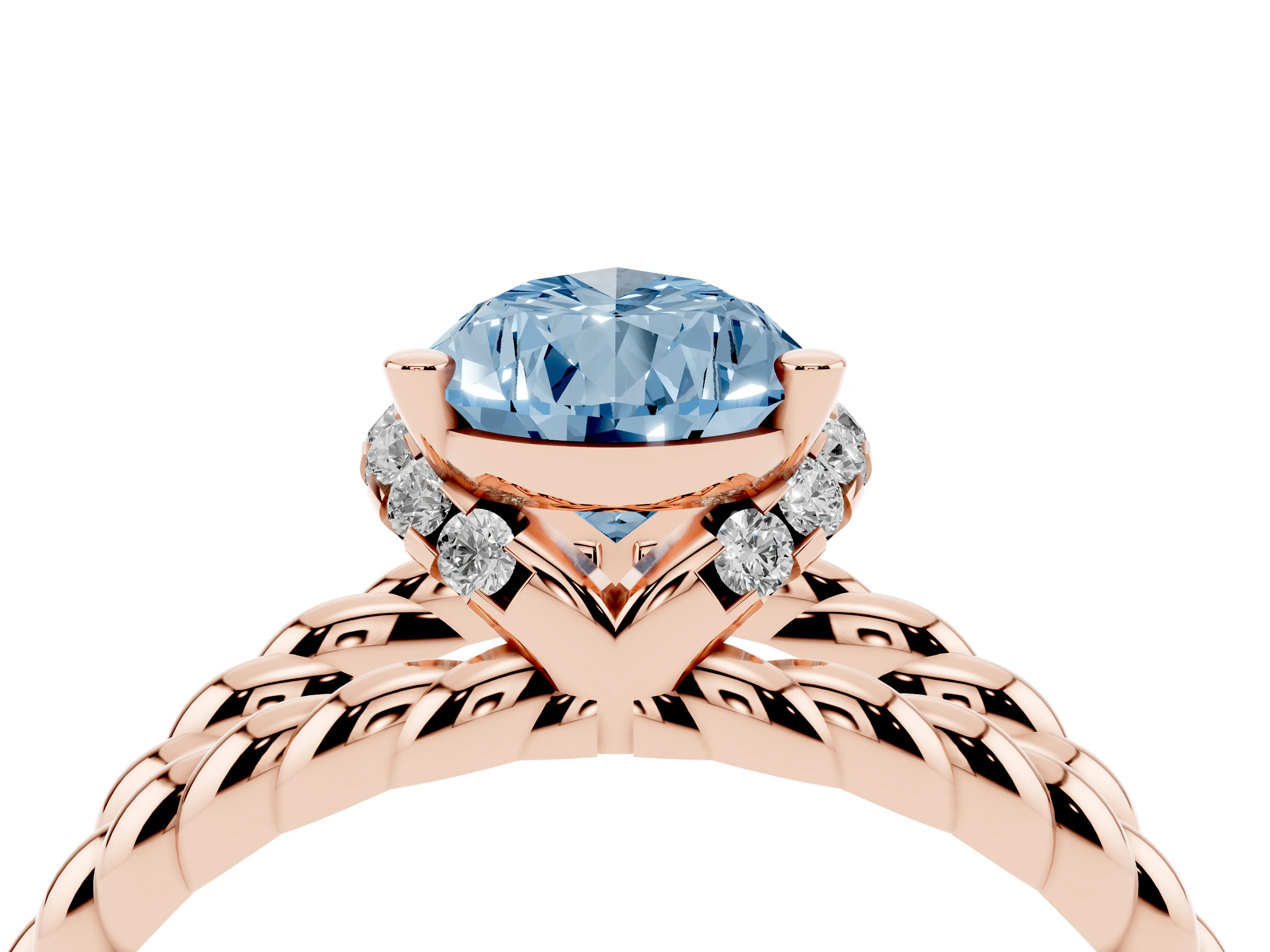 Fancy Blue Pear Cut Diamond Halo Ring Set in Rose gold with Twisted Band and Prong Setting