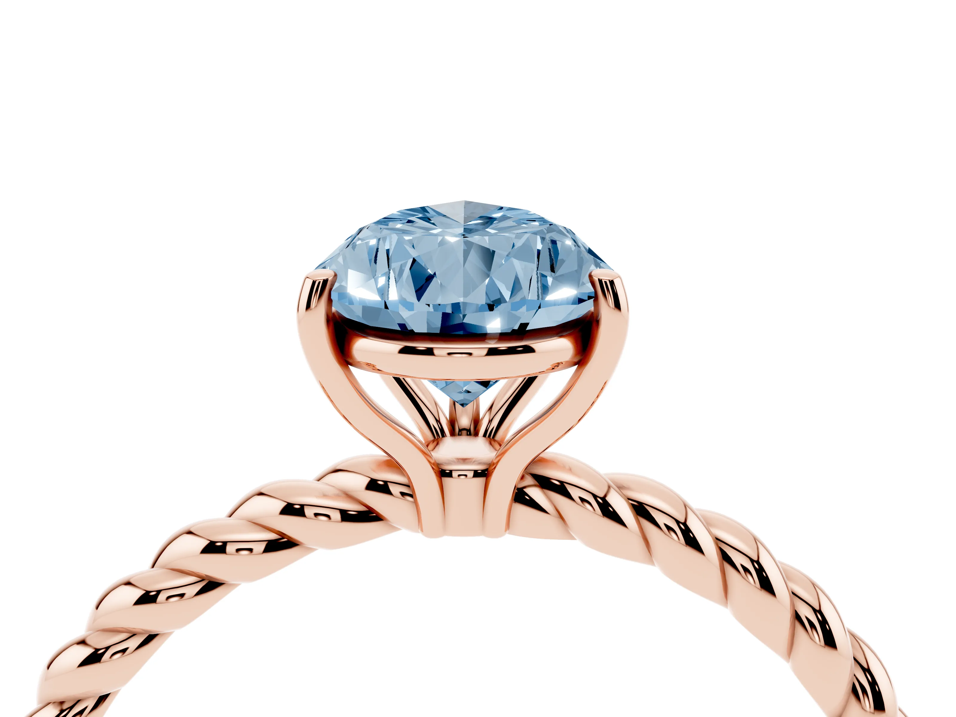 Fancy Blue Pear Cut Diamond Solitaire Ring Set in Rose gold with Twist Band and Prong Setting