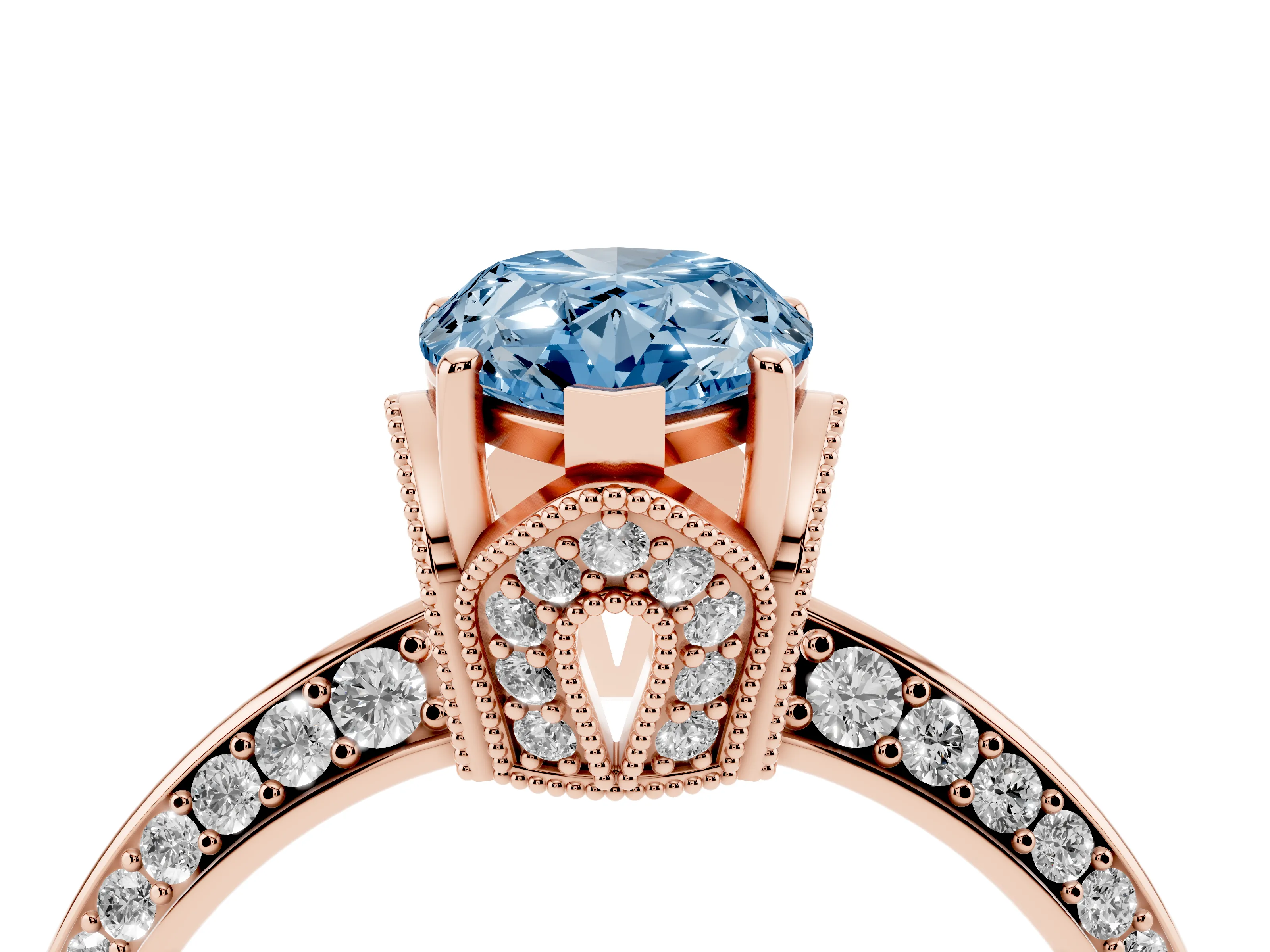 Fancy Blue Pear Cut Diamond Solitaire Engagement Ring Set in Rose gold with Pavé Split Shank and Prong Setting