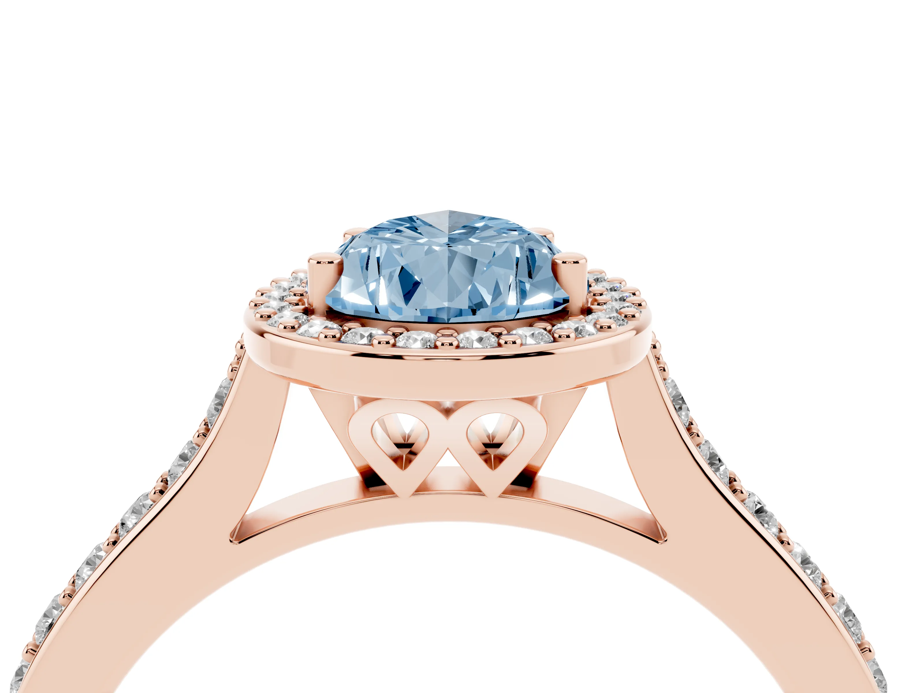Fancy Blue Pear Cut Diamond Halo Engagement Ring Set in Rose gold with Round Pavé Shoulders and Heart Gallery