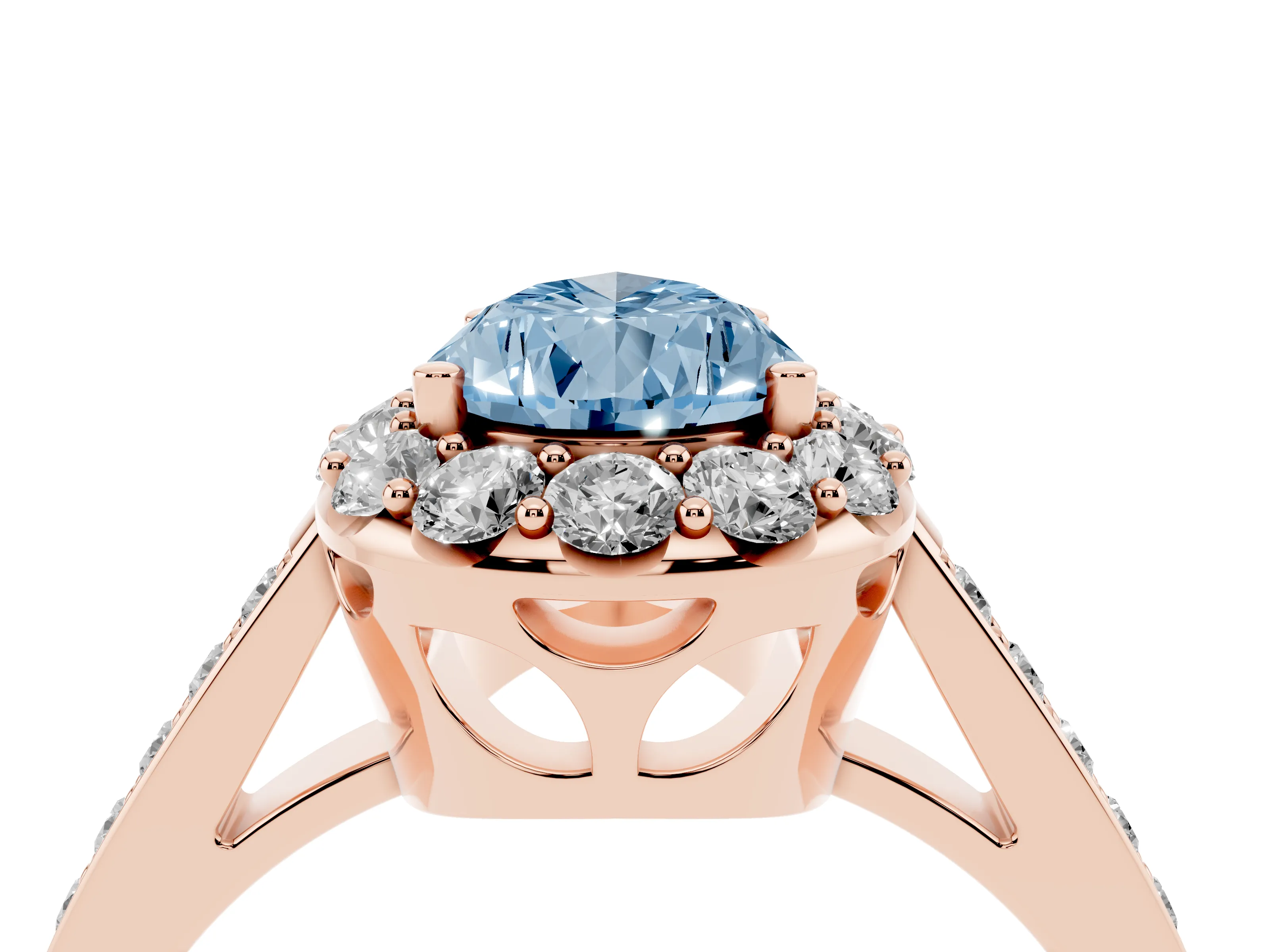 Fancy Blue Pear Cut Diamond Floral Halo Ring Set in Rose gold with Pavé Band and Prong Setting