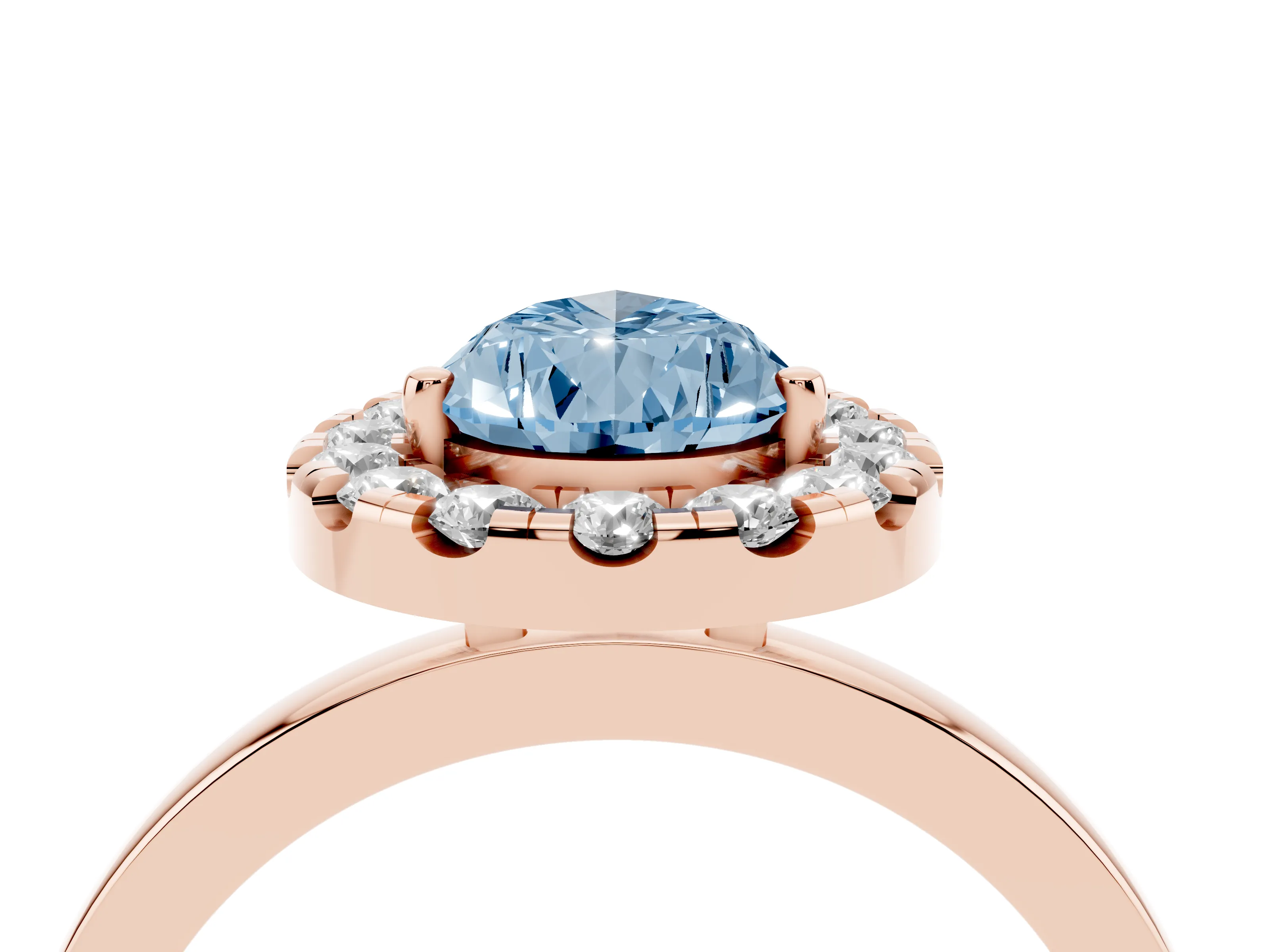 Fancy Blue Pear Cut Diamond Halo Solitaire Ring Set in Rose gold with Pavé Band and Prong Setting