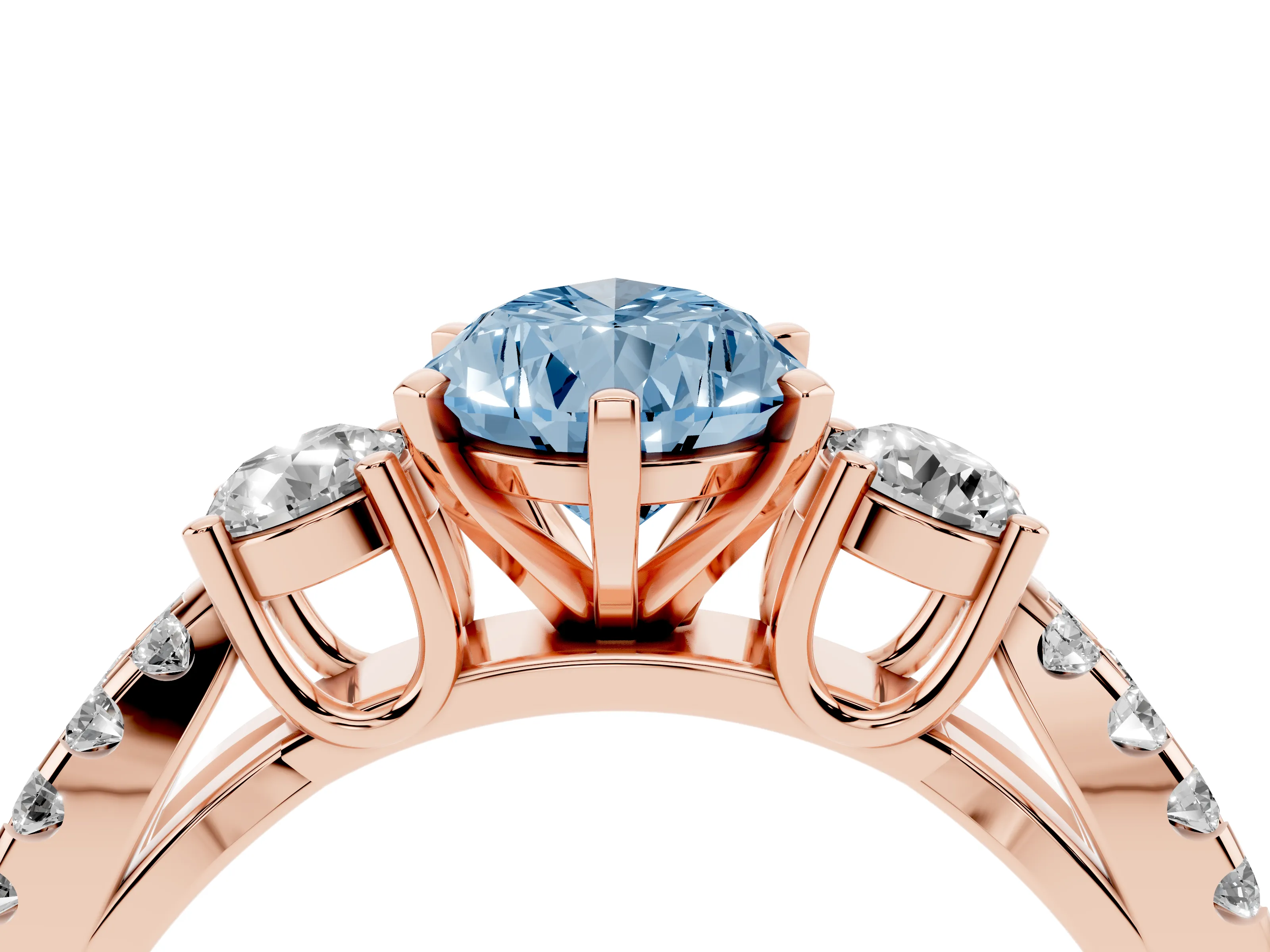 Fancy Blue Pear Cut Diamond Three-Stone Ring Set in Rose gold with Pavé Split Shank and Prong Setting