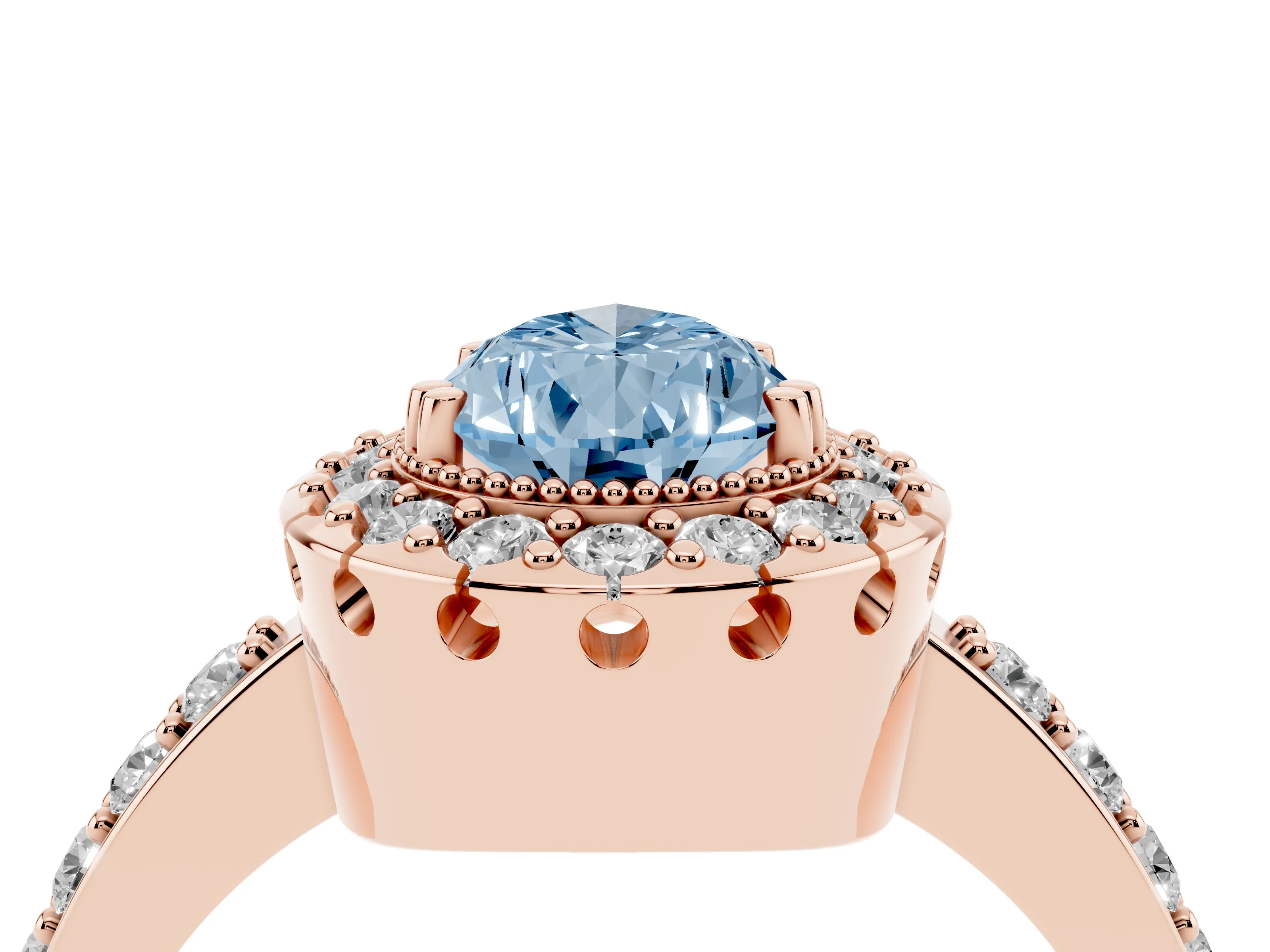 Fancy Blue Pear Cut Diamond Halo Ring Set in Rose gold with Pavé Shank and Prong Setting